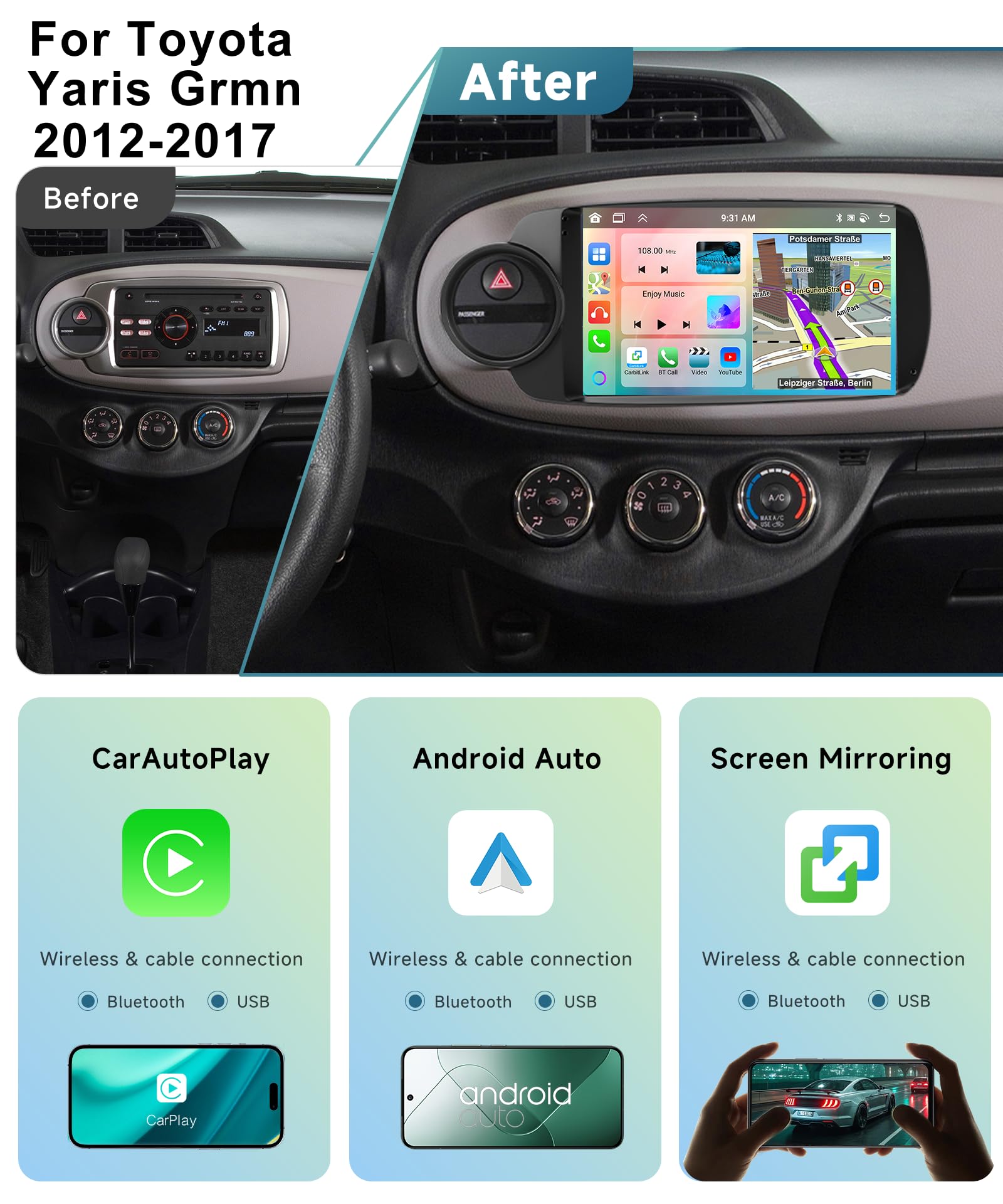 6G&128G 8-Core,VECHTEL 7" Autoradio pour Toyota Yaris Grmn 2012-2017 avec CarPlay Android Auto sans Fil,DSP,Android 15,Bluetooth,RDS/FM Radio,Navi Wi-FI/caméra de recul AHD