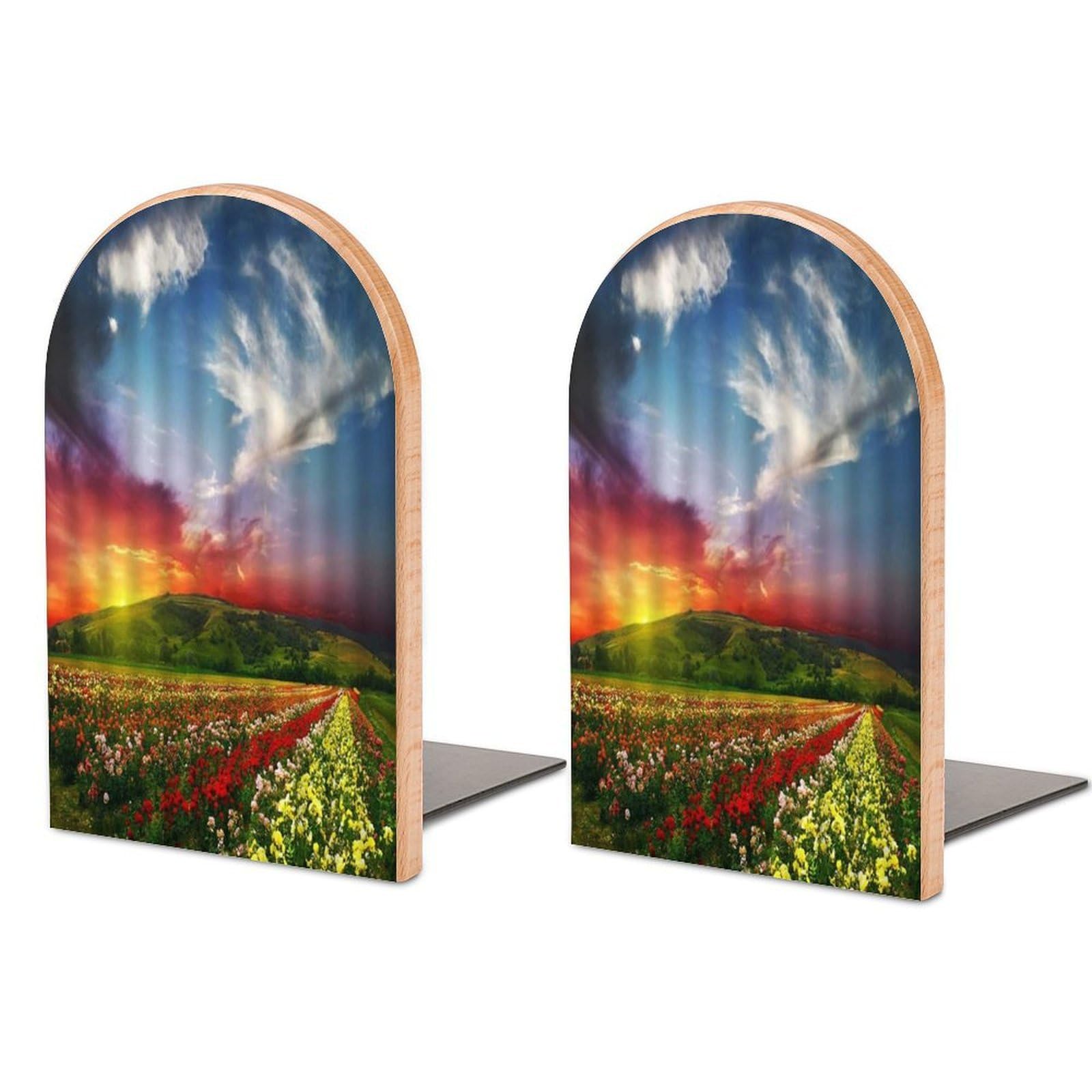 Rose Garden in The Field Sunset Scene Beech Wood Bookends Heavy Duty Book Organizers Desktop File Holder for Office Home Bookshelf