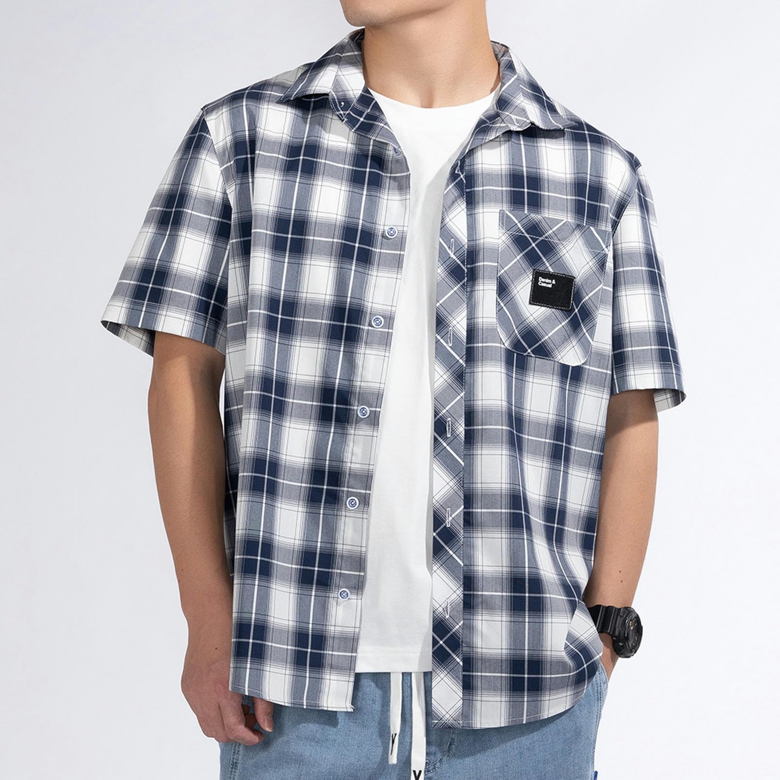 TEidea Męskie t-shirty w stylu retro męska koszula z krótkim rękawem oversize zapinana na guziki modna kurtka na co dzień top, Czarny, L