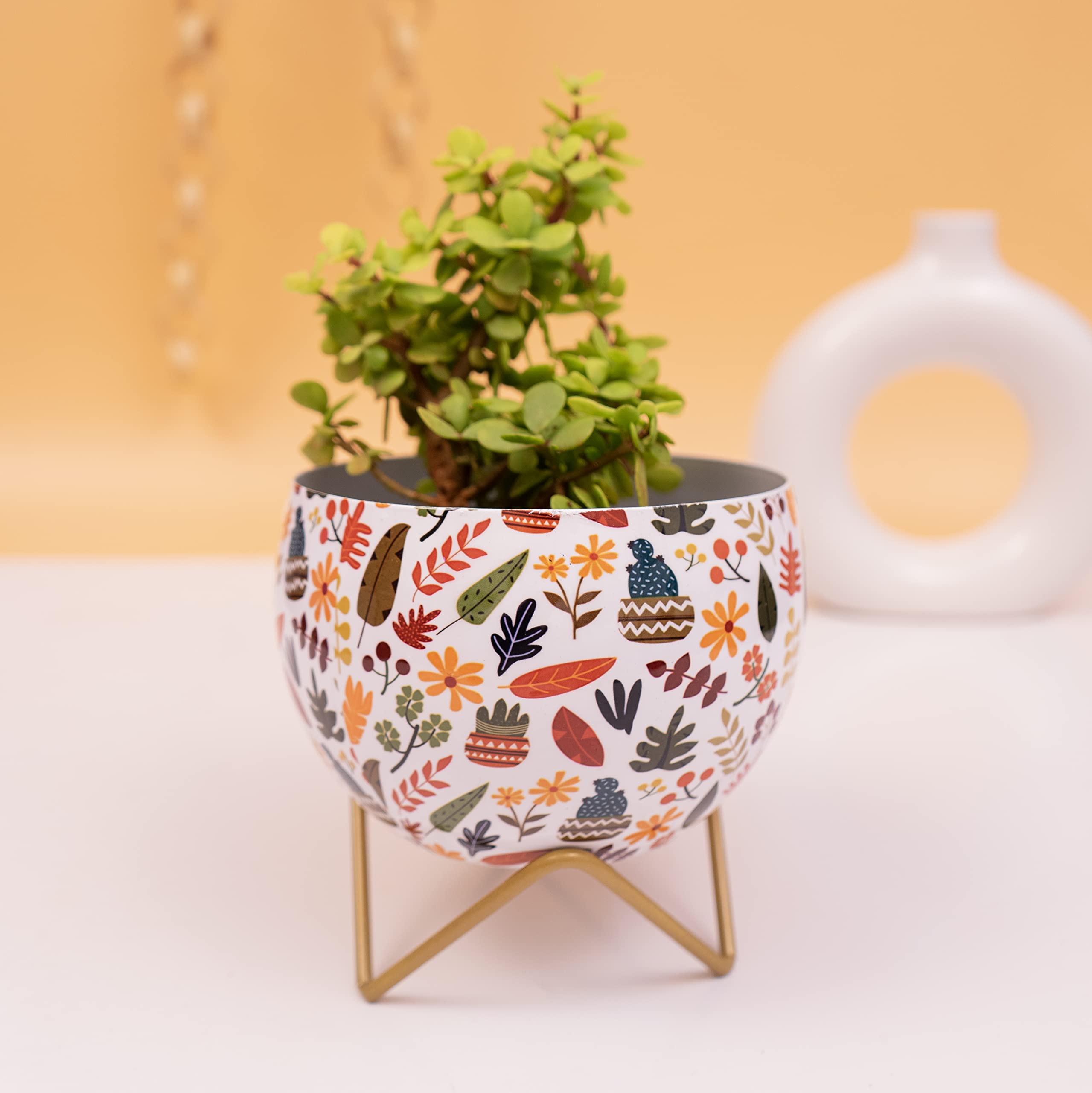 Kyari Graceful Multicolour Leaf Print Metal Pot with Stand, Rust-Free Powder Coating, Indoor Outdoor Use, Home Office Decor, Plants Not Included, Pot Size: 10 * 14.5cm, Stand Height: 5cm (B09SLWK2TD) Amazon Price History, Amazon Price Tracker