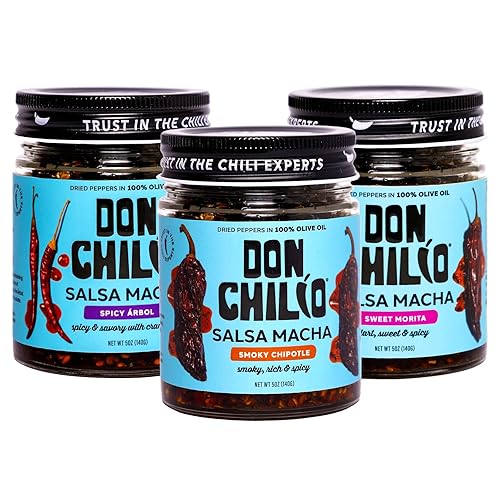 Don Chilio Paquete variado de aceite de chile Salsa Macha, 5 onzas, paquete de 3  Ahumado, dulce calor y arándano picante  Delicioso aceite de chile