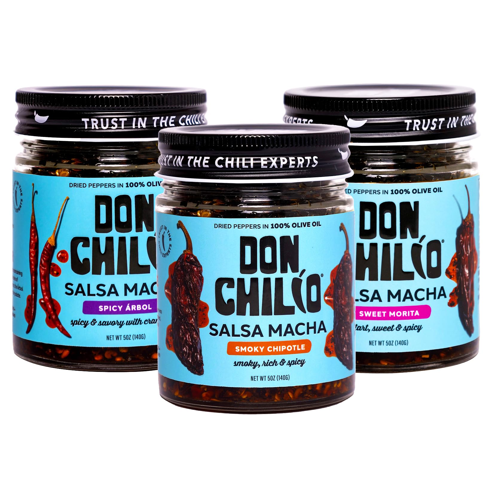 Don Chilio Salsa Macha Chili Oil Variety Bundle, 5 oz., 3 Pack – Smoky, Sweet Heat & Spicy Cranberry - Delicious Mexican Chili Oil in 100% Olive Oil – Keto-Friendly, All-Natural, Vegan, Gluten Free