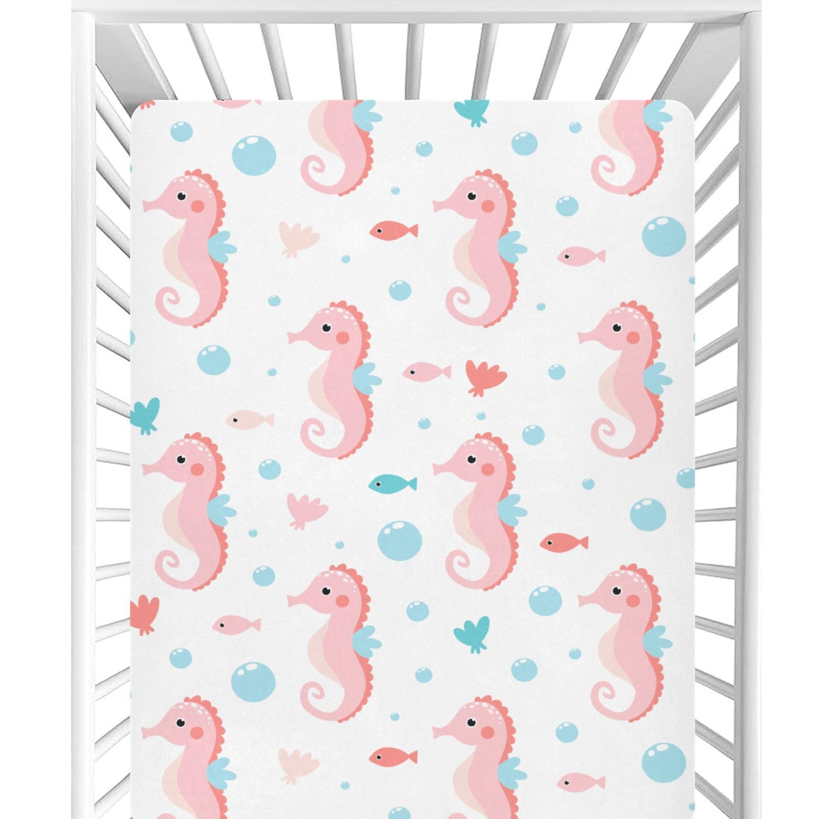 CaTaKu Pink Cute Seahorse Baby Girls Fitted Crib Sheets for Mini Mattress Infant Newborn Nursery Bed Toddler Sheets Pink Cute Seahorse 27"x 39"
