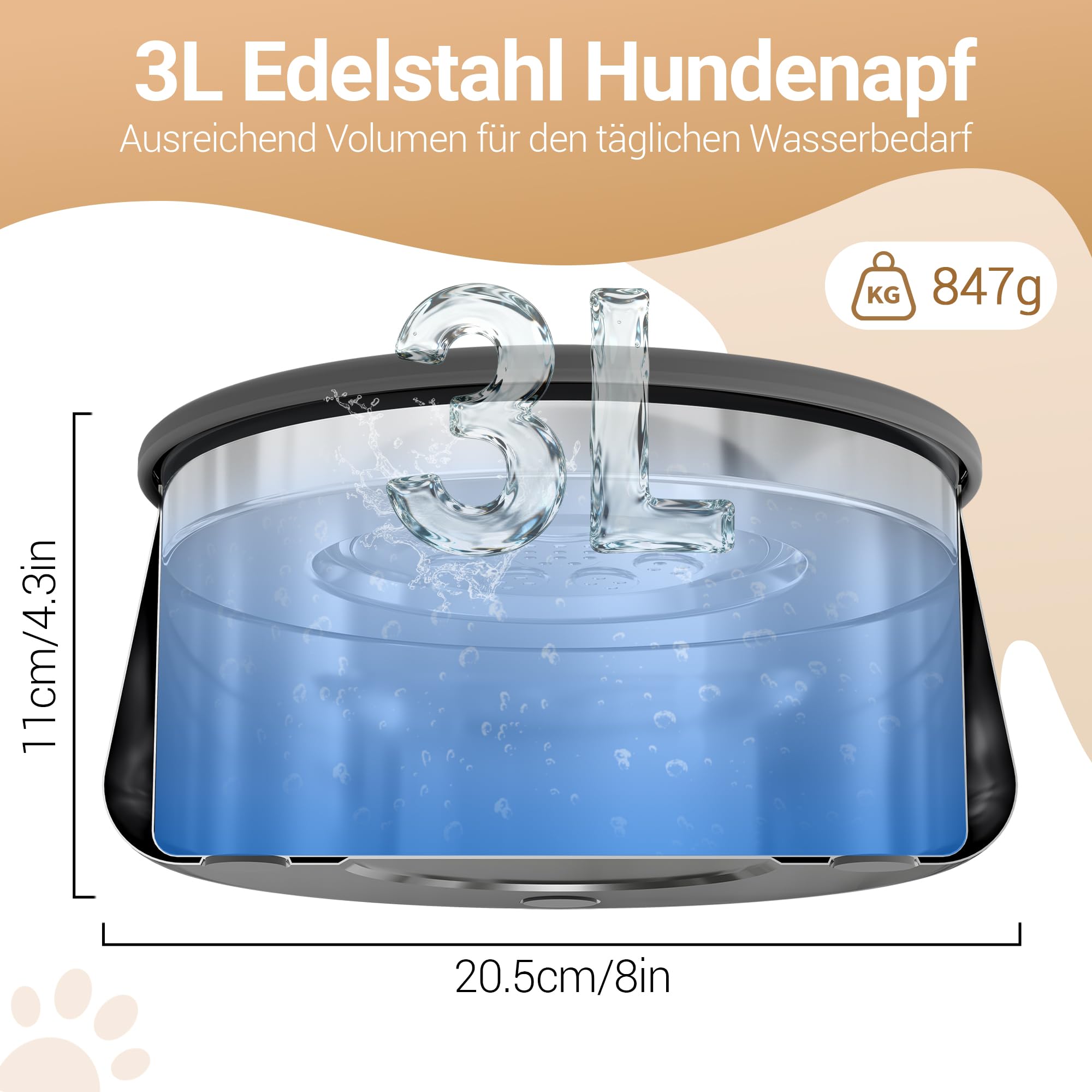 3L Wassernapf Hund ohne Sabbern, Doppelwandige Edelstahl Trinknapf Hunde, Anti Schlabber Hundenapf mit Rutschfester Boden, Auslaufsicher, Spülmaschinenfest (3L)