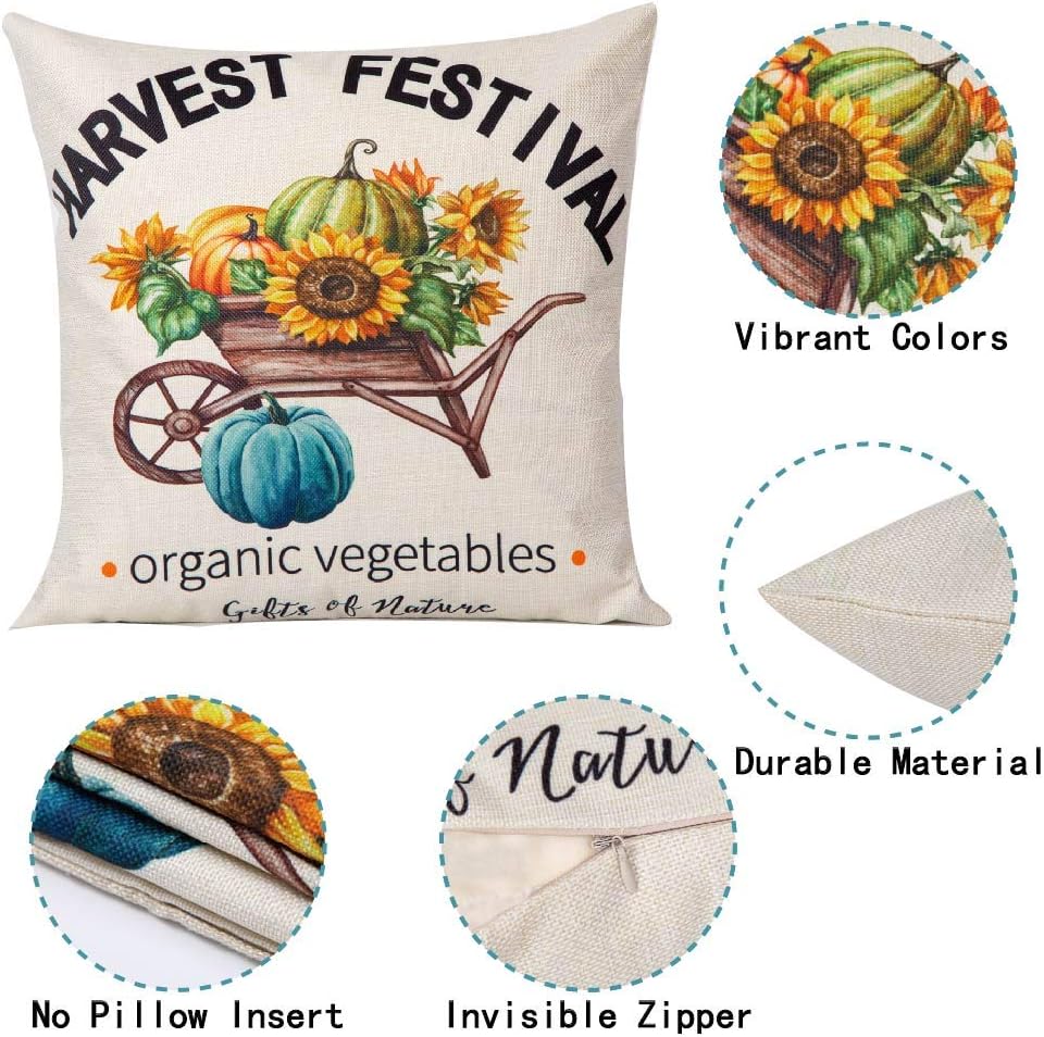 YUESUO 4pcs Fall Throw Pillow Covers 18x18 Inches Pumpkin Thanksgiving Farmhouse Decorative Autumn Pillowcase Cotton Linen Cushion Case for Home Decor