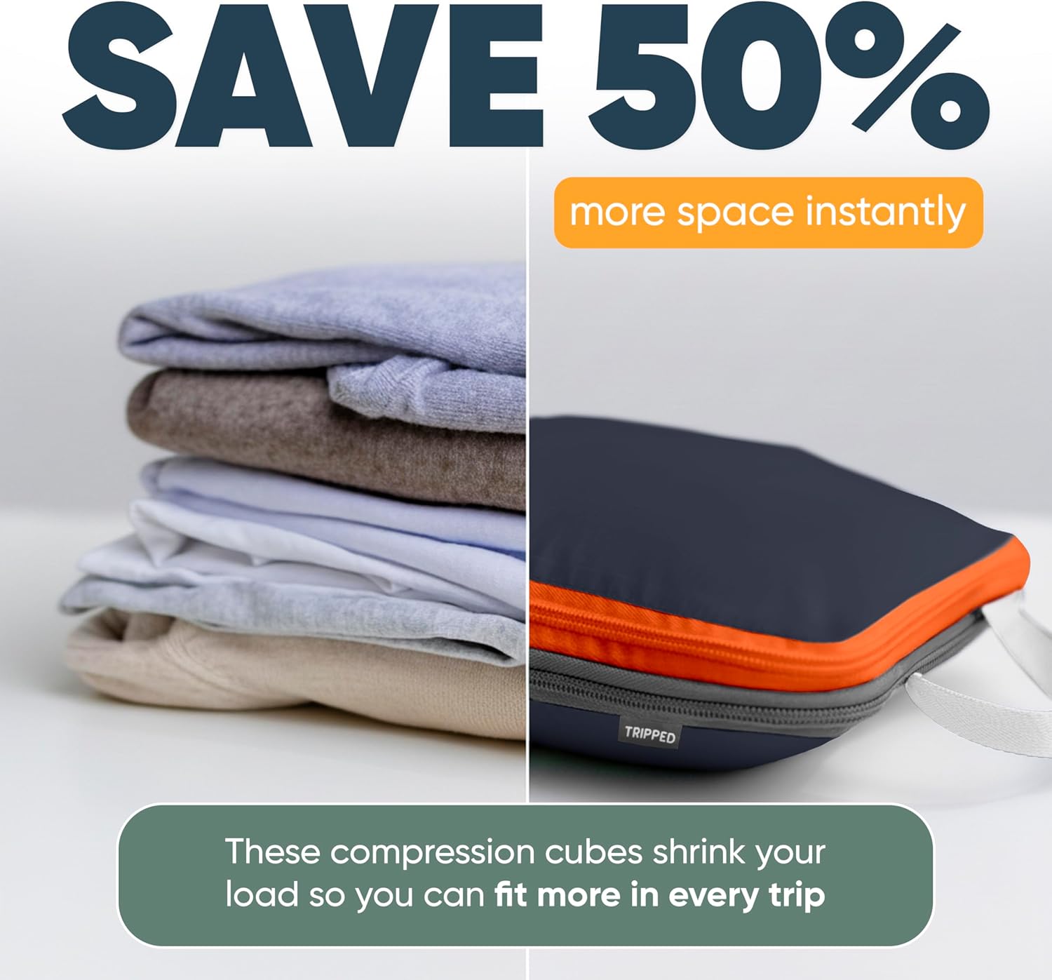 Large Compression Packing Cubes for Travel-Packing Cube Luggage Organizers 7 Piece Set for Checked Luggage-Ultralight, Expandable/Compression Bags by TRIPPED Travel Gear (Grey/Orange) - Image 3