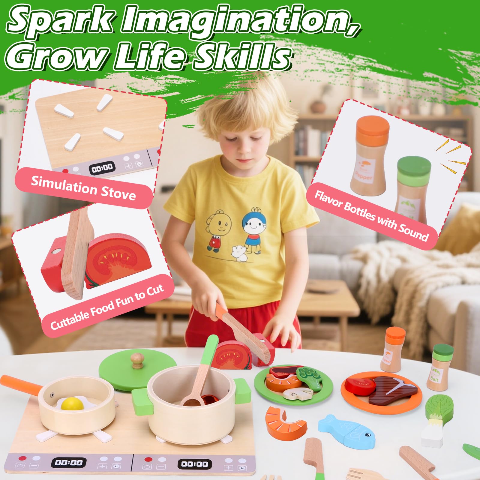 Mardo Accesorios Cocina Juguetes para Niños , Utensilios de Cocina al Aire Libre, Juego de Ollas y sartenes de Madera, Vegetales para Cortar, Juego de rol para Niños Mayores de 3 Años
