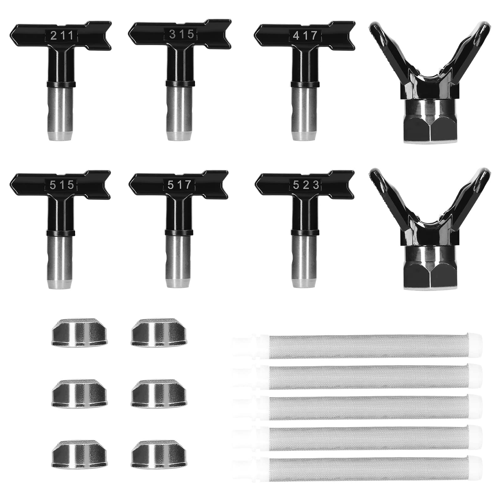 Geevorks Spray Tips Airless Sprayer, Reversible Airless Paint Sprayer Nozzle Tips 6 Pieces with 5PCS Filter/ 2PCS Nozzle Seats for Airless Spraying Machine Parts Black