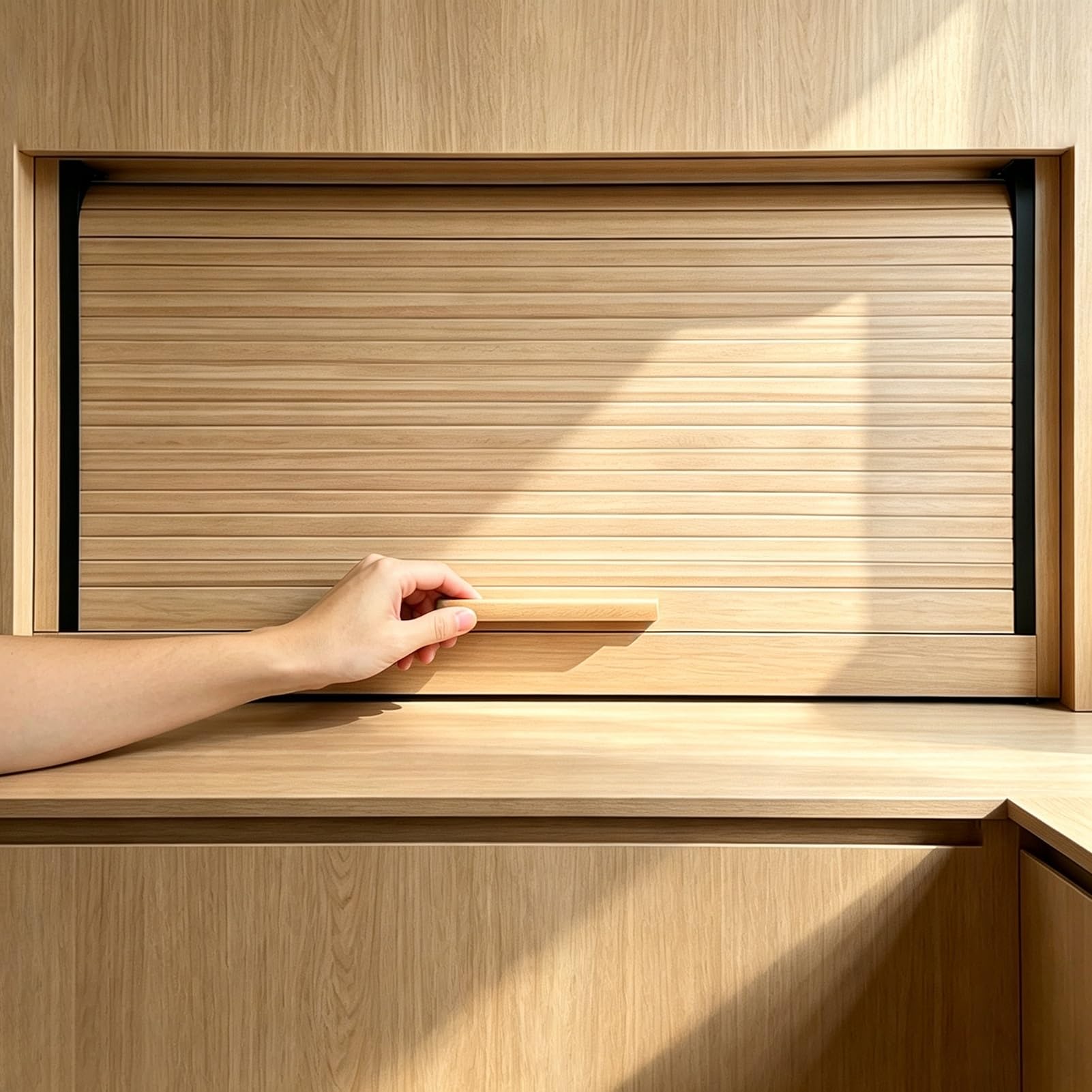 Wood Finish Flexible Tambour Door with Handle, Pull-Down Sliding Doors for Workshop Pantry Campervan, Cabinets Roll-up Cover Plate, Easy Open