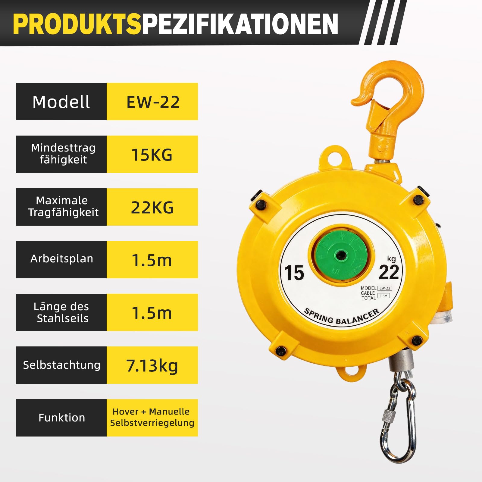 15-22kg Einstellbarer Federzug Balancer Mit 1,5 M Kabel Und Haken, HäNgendes Einziehbares Werkzeug, Federzug, Einstellbarer Federzug, HäNgende Haltevorrichtung In Gelb
