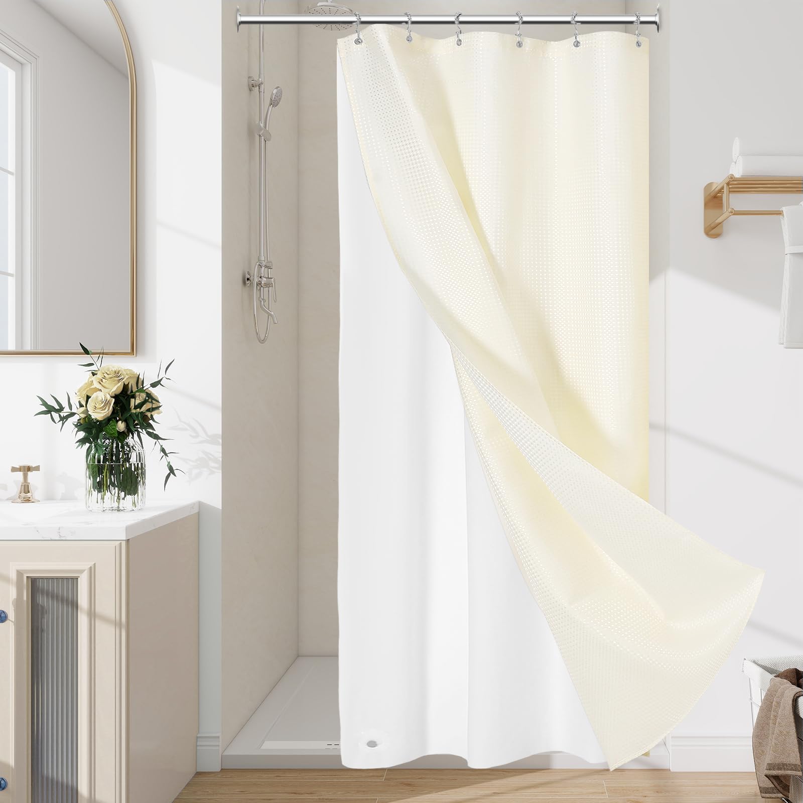 Craidlela 3 in 1 Stall Half Size Cream Shower Curtain Set-36 W x 72 H, Ivory Waffle Waterproof Fabric and PEVA Liner Set with Stainless Steel Hooks