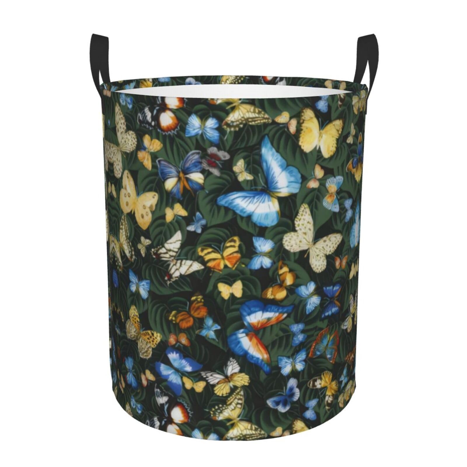 S Circular Hamper Green leaf colorful butterfly Print Storage Basket for Home