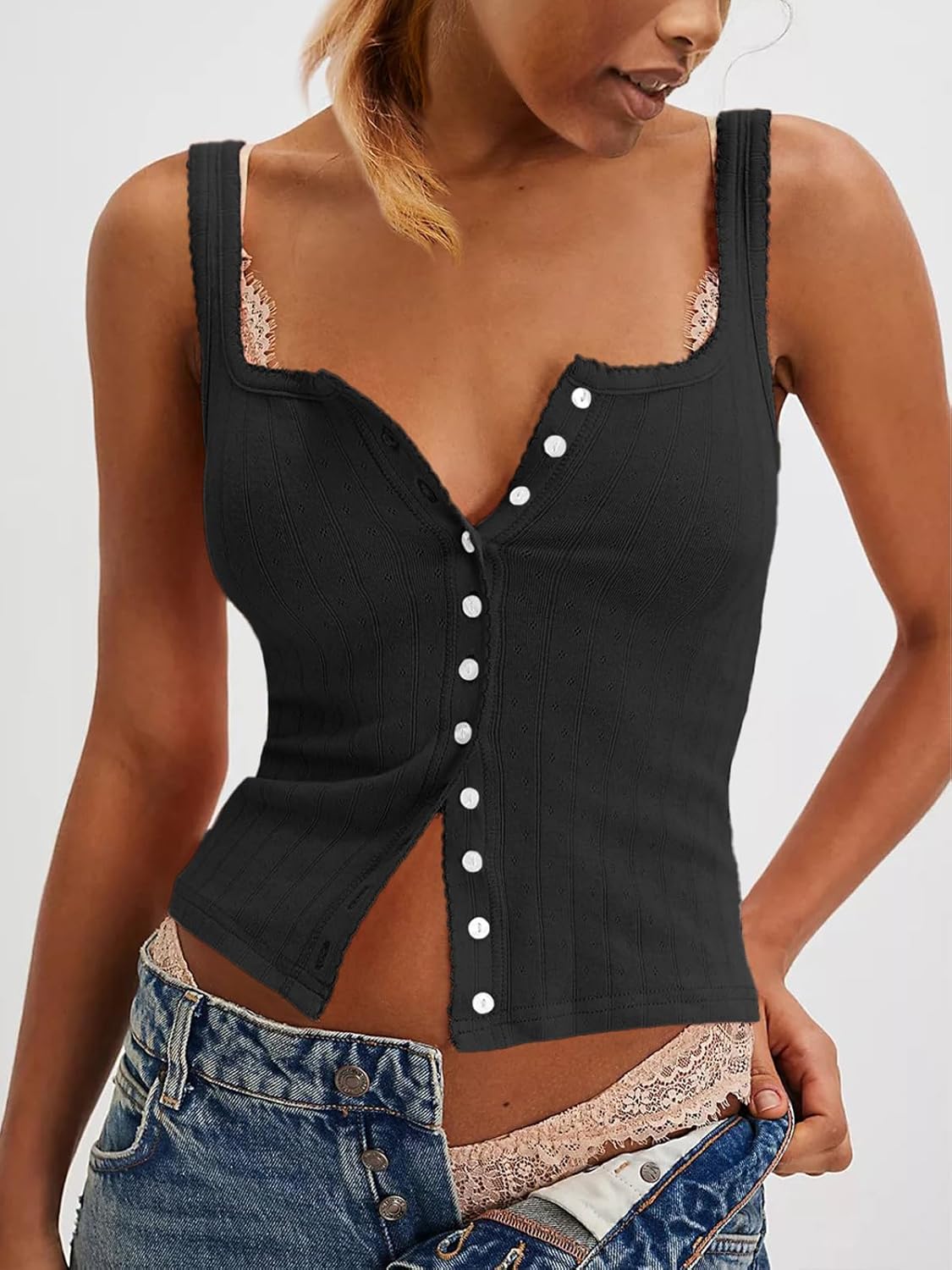 Women Ribbed Tank Tops Sleeveless Button Down Camisole Summer Scoop Neck Cropped Top - Image 2