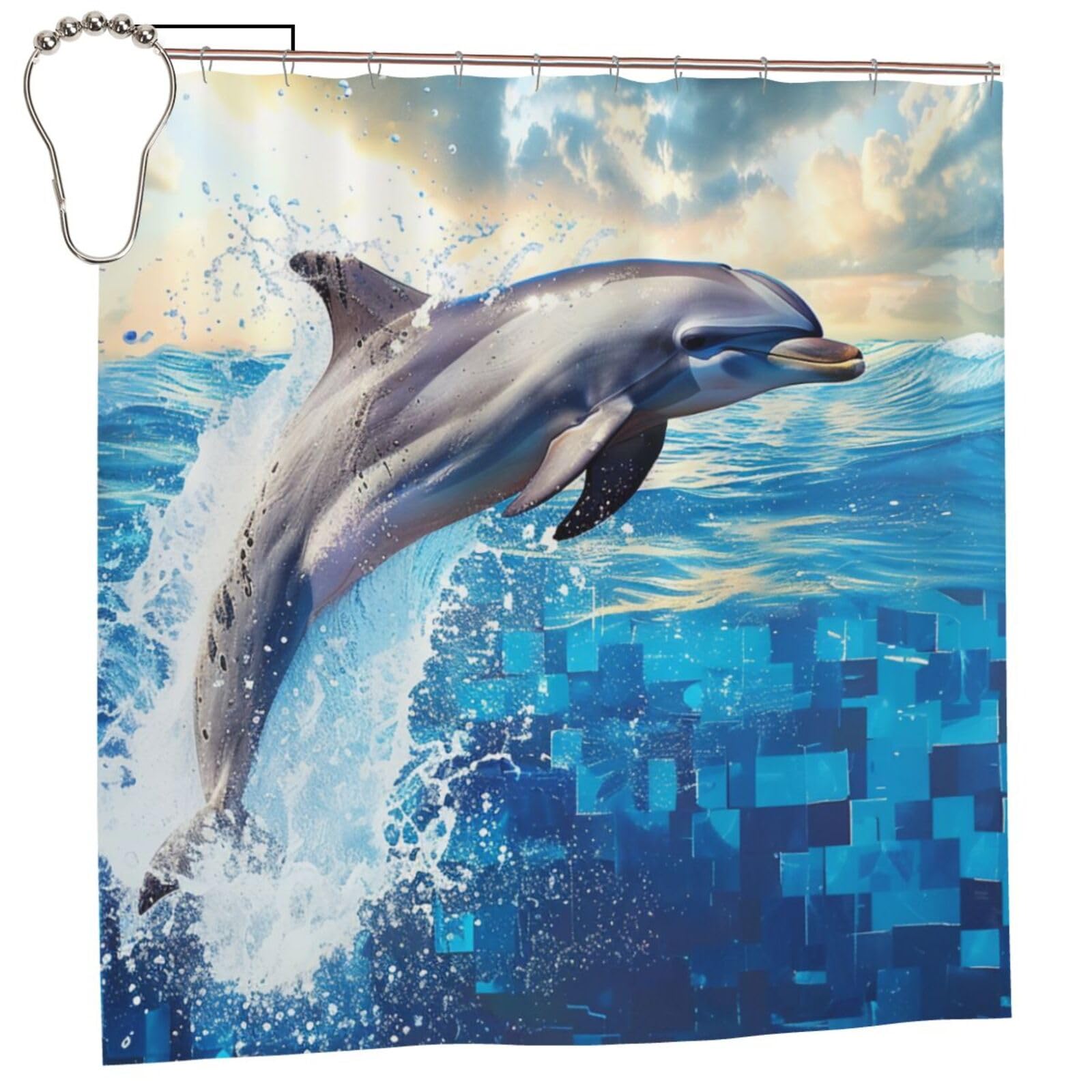 BWWHCCTI Dolphin Printed Shower Curtain With 12 Iron Hooks Opaque Quick Drying Waterproof Shower Curtains Sets For Bathroom 183x183 CM