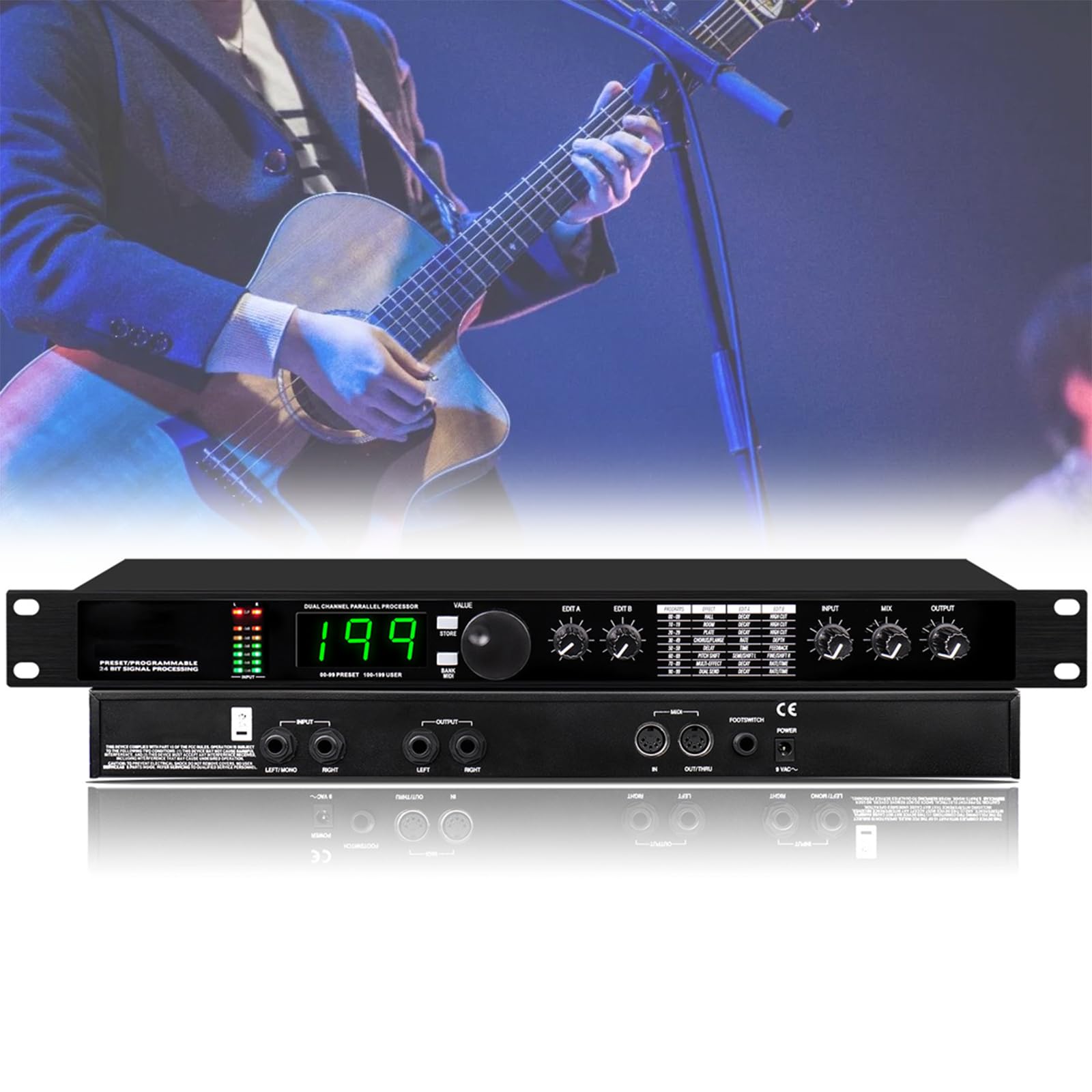 Professioneller Audio-Prozessor-Equalizer – 24-Bit Digital Reverb DSP mit 99 Voreinstellungen und 199 Soundeffekten
