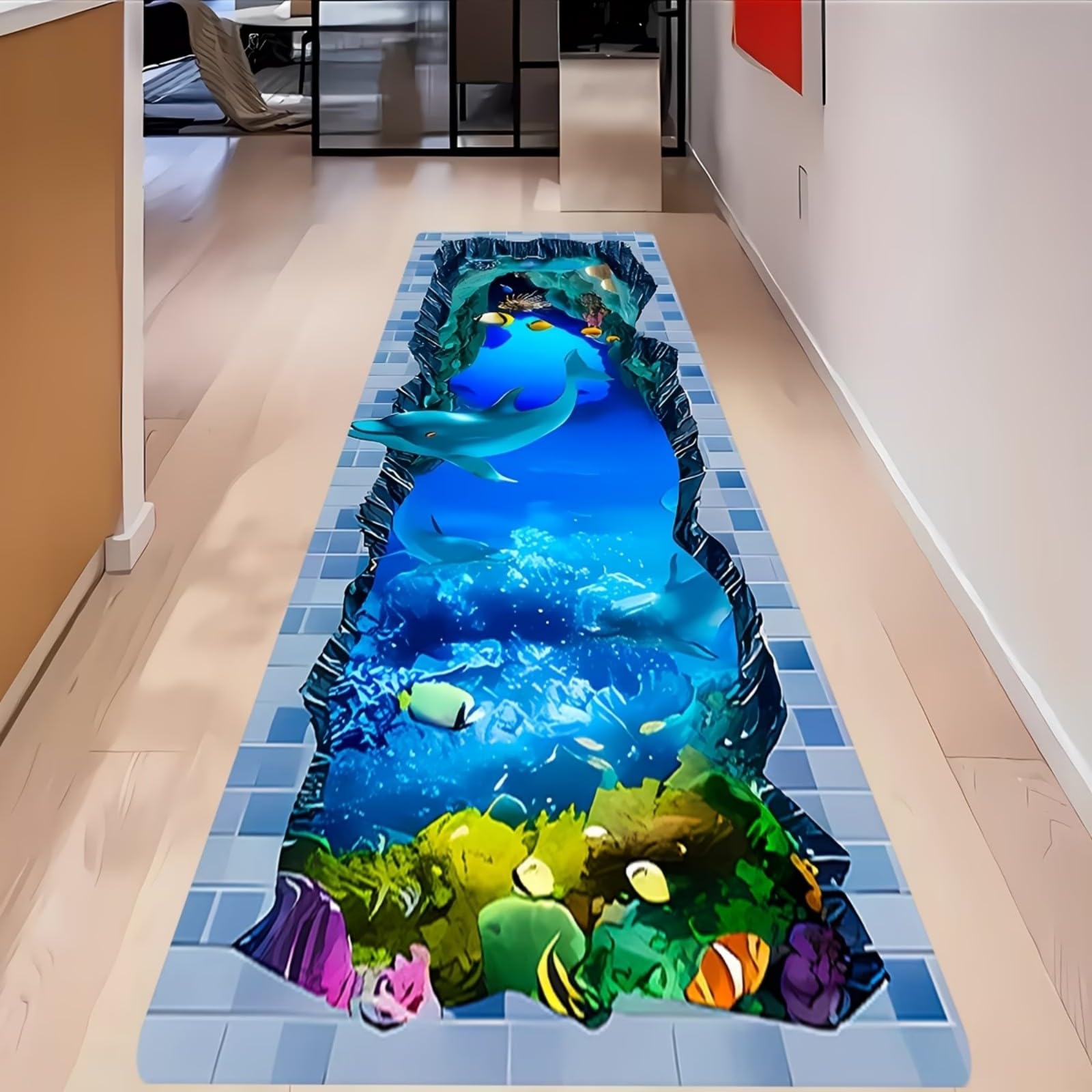 Ocean Runner Rug, 60x180cm 3D Optical Illusion Long Hallway Carpet featuring Dolphins, Schools of Fish, and Underwater Life, Washable, Non-Slip Underwater World Design for Entrances and Laundry Rooms