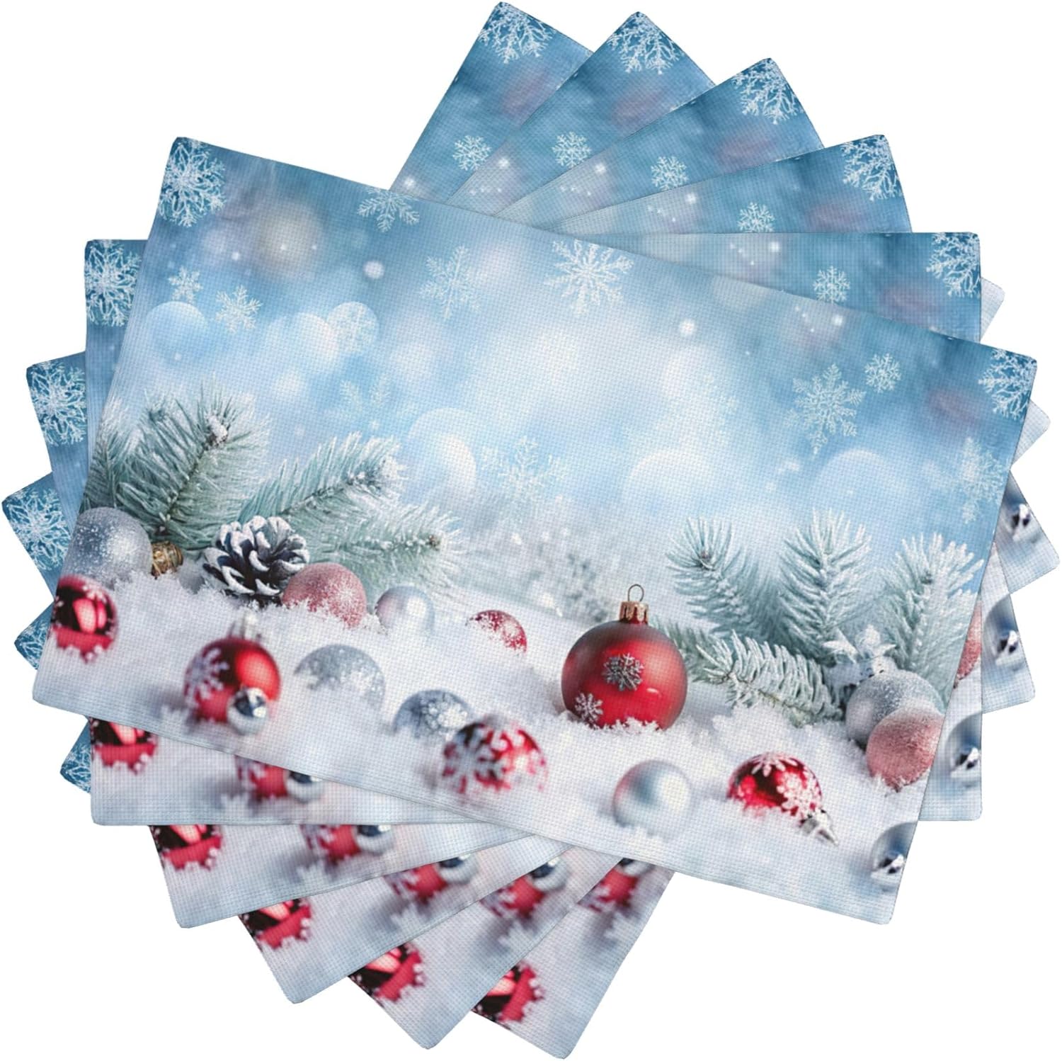 Winter Snowflake Christmas Placemats, Snowflake Ball Christmas Tree Heat Resistant Kitchen Table Mats Washable Non-Slip Mats 12x18 Inches 6 Pieces
