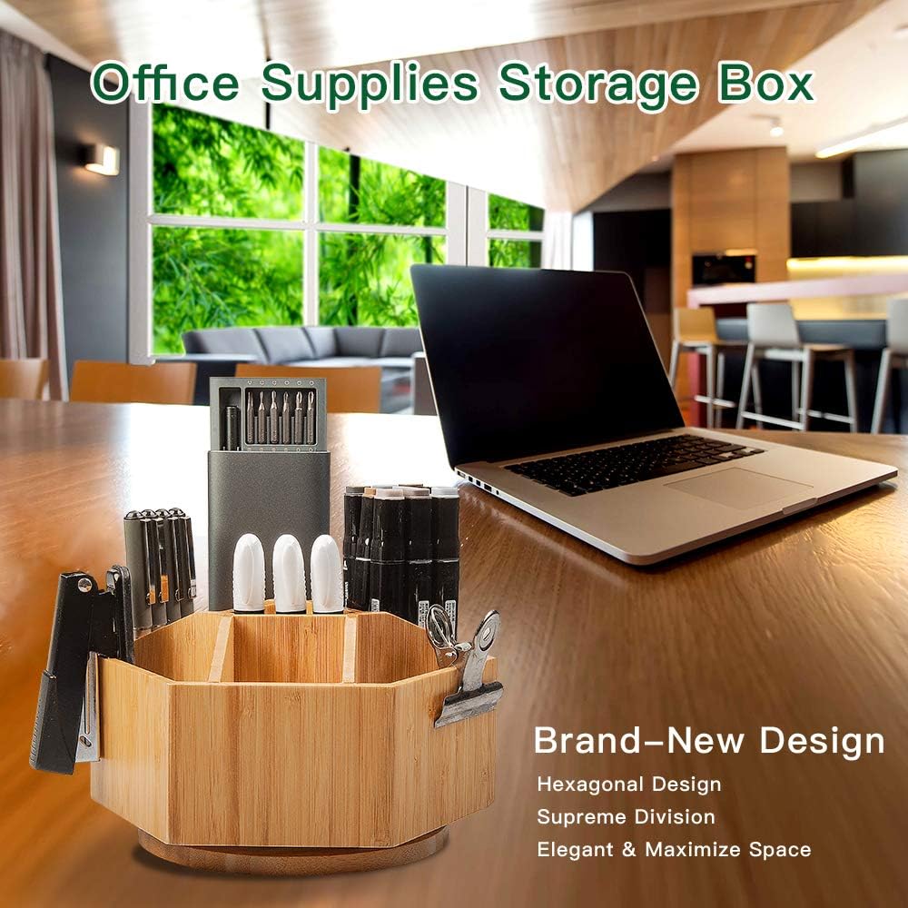 Bamboo Art Supplies Organizer, 360 Degree Rotating Organizer with 7 Sections for Pen, Colored Pencil, Book Sewer, Knife, Clips, Sticky Notes and Calculator. : Office Products