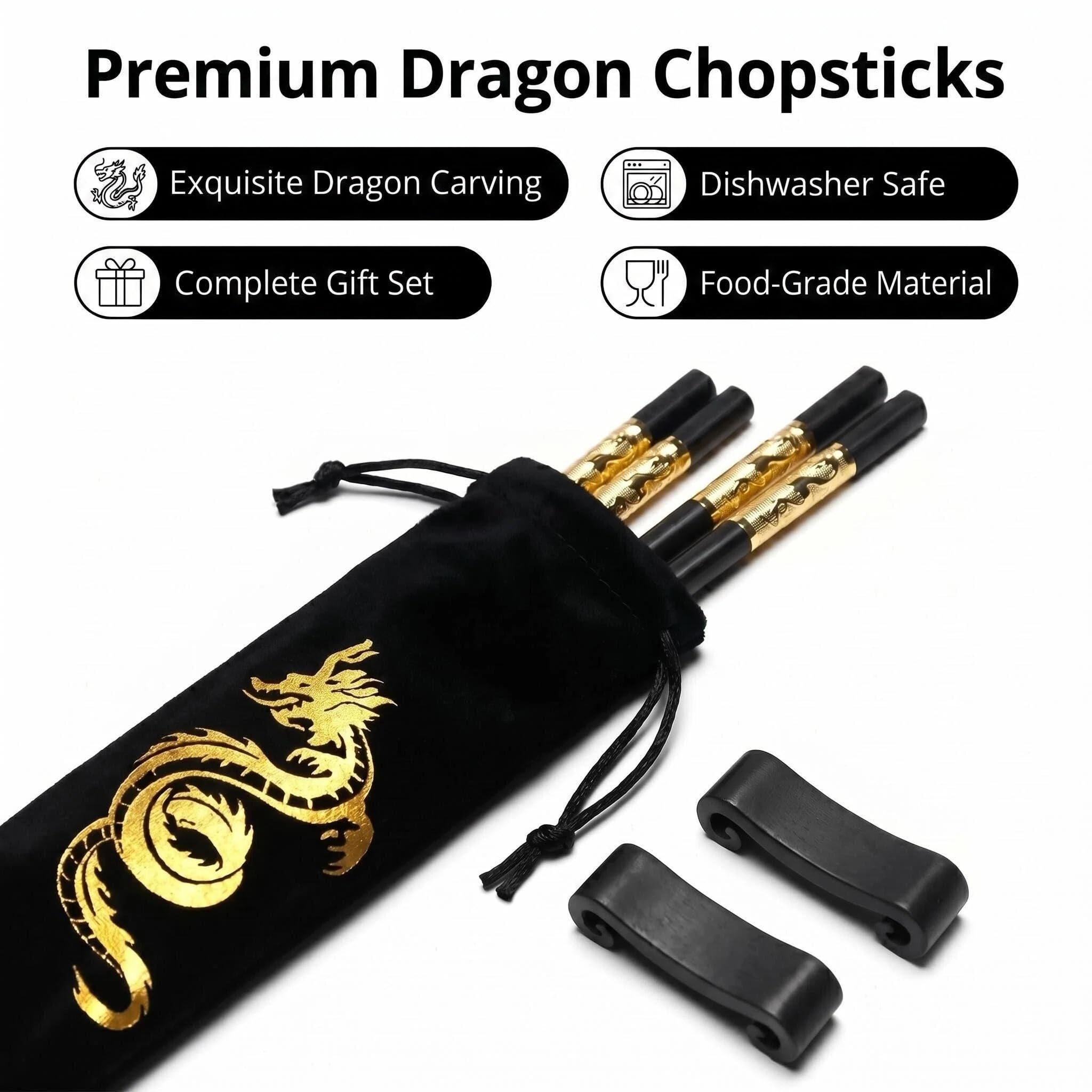Bacchette Cinesi Drago Dorato - Set Elegante con Supporto e Borsa (2 Paia) - Materiale Sicuro, Lavastoviglie - Regalo Tradizionale