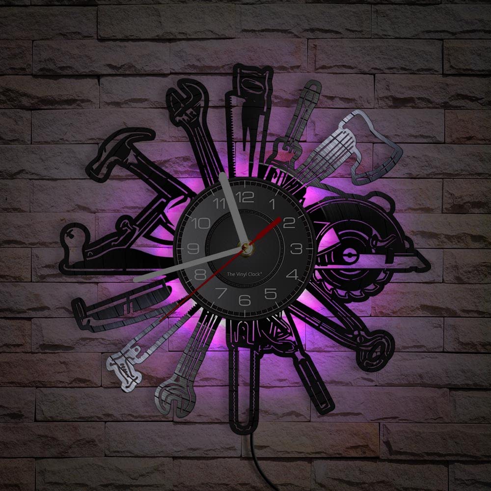 Reloj de pared de vinilo, herramienta de tallado de madera con forma de luz nocturna LED, reloj de pared regalo para artesanos.