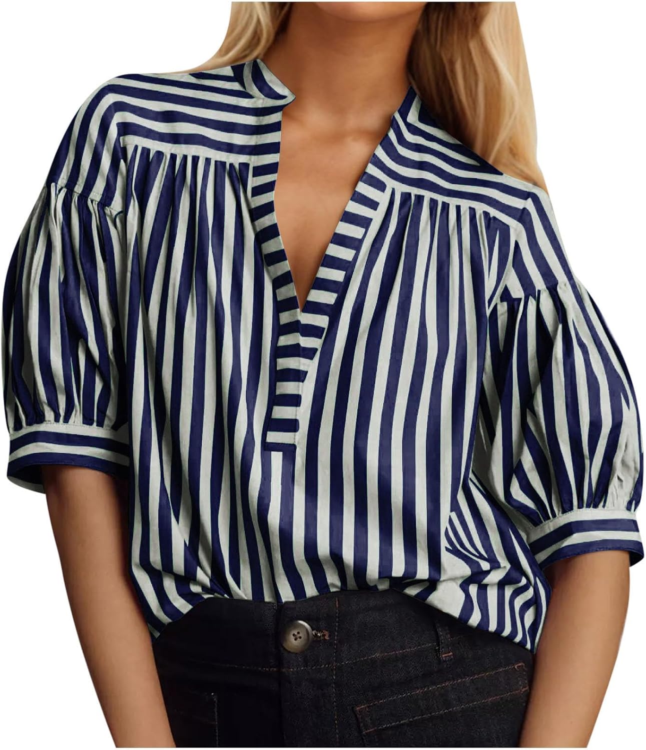 Women's Short Puff Sleeve Striped Blouse