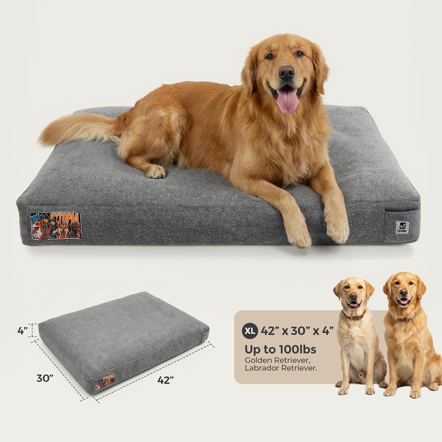 42 Inch Durable Indestructible Dog Beds for Extra Large Dogs, Chew Proof Waterproof Pet Crate Mat with Machine Washable Removable Cover, Great for Indoor, Outdoor, Crate, Patio Use, Grey
