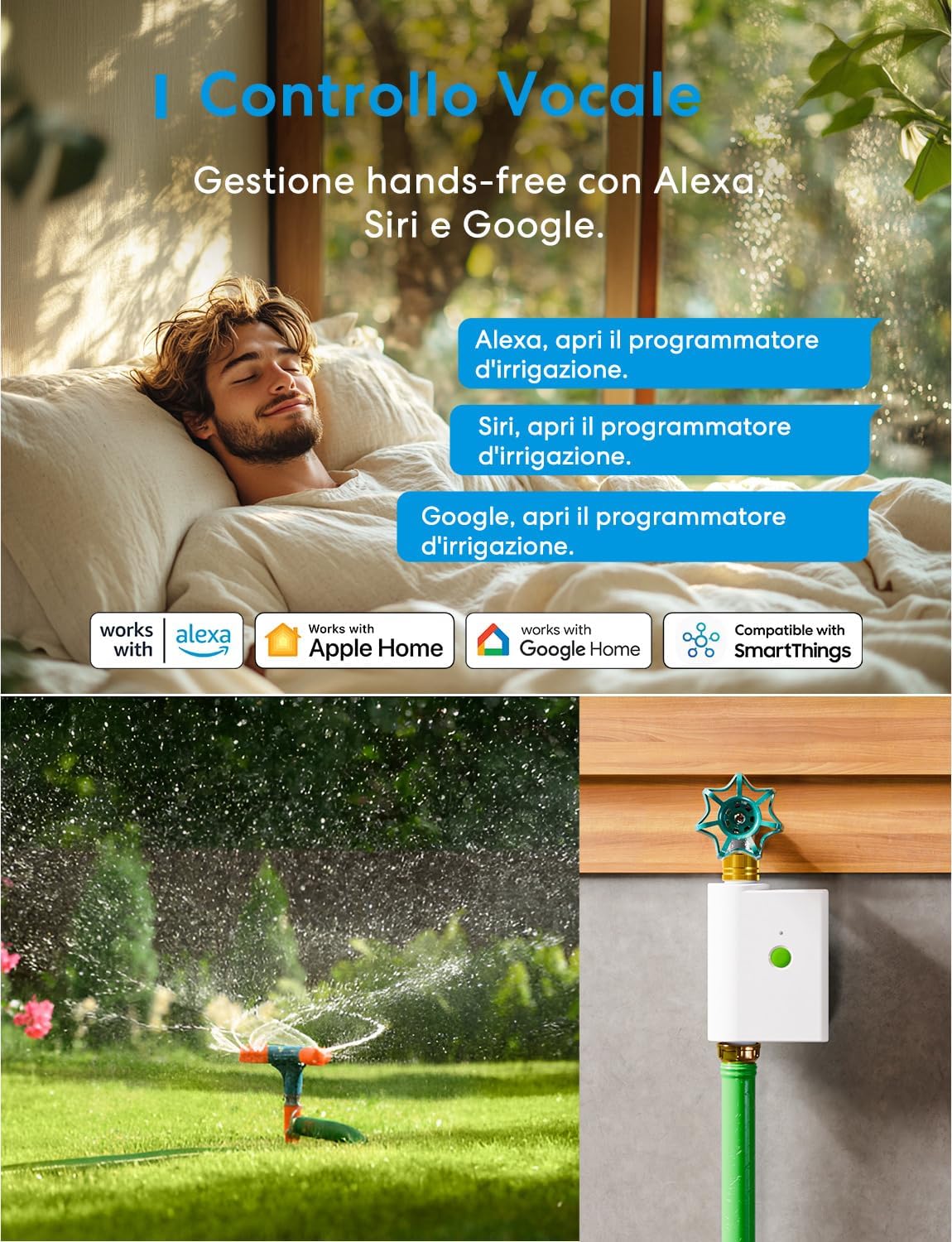 Person using voice commands with Alexa to control the Meross Smart Sprinkler Timer MST100