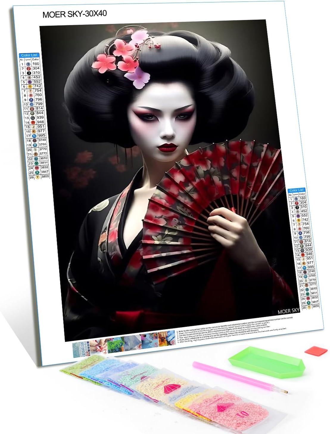 MOER SKY 5D Japanese Diamond Painting Kits, Geisha with Fan Cherry Blossoms Art for Adults, Full Drill Round Gem Art Home Wall Decor Gifts 12x16 inch