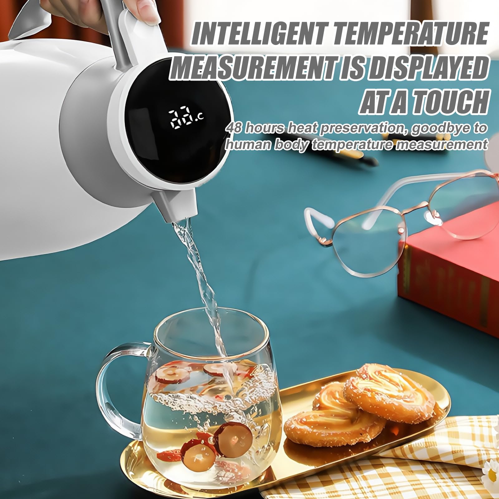 Thermos 24 ore isolamento termico: 2 l, acciaio inox, isolamento sottovuoto, indicatore intelligente temperatura, bevande calde fredde (bianco)