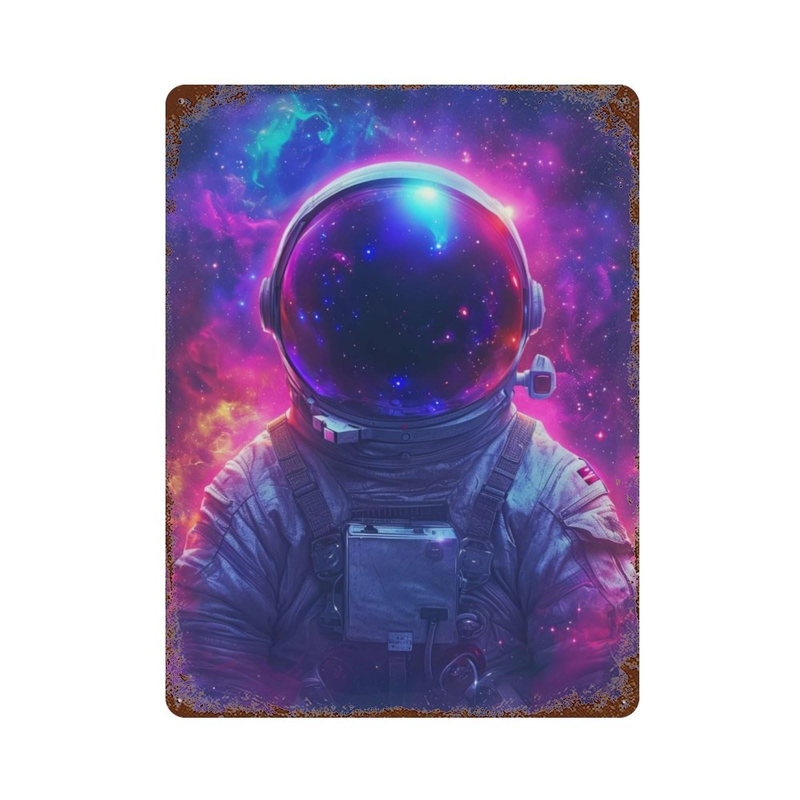 Aged Metal Wall Plaque with Galaxy Astronaut Design 15.7"x11.8", for Basement, Hobby Room And Garage Decor, Farmhouse Wall Decor