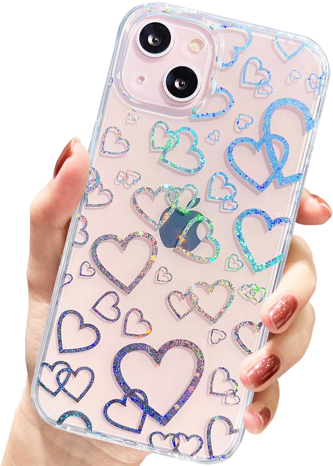 AMART for iPhone 12 Mini/iPhone 13 Mini Clear, Cute Glitter Love Heart Laser Pattern Design Case, Soft TPU Bumper Shockproof Women Girls Protective Phone Cover for iPhone 12 Mini/iPhone 13 Mini
