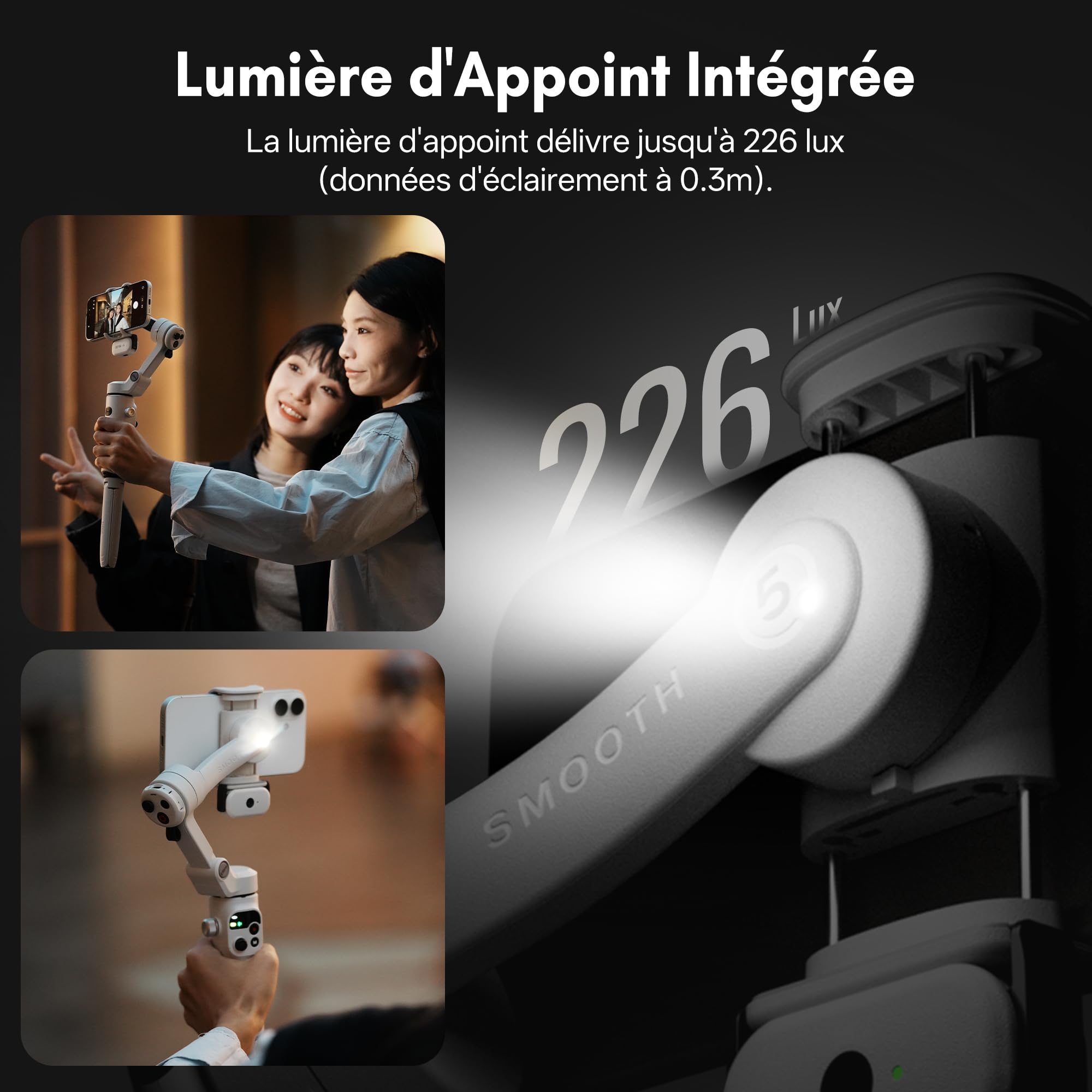 ZHIYUN Smooth Q5 Ultra [Officiel] Stabilisateur Smartphone, Intégré éclairage Appoint/Tige Extension/Trépied, Autonomie de 13.5h, Portable et Pliable, Stabilisateur Telephone pour Vlogs/YouTube/TikTok