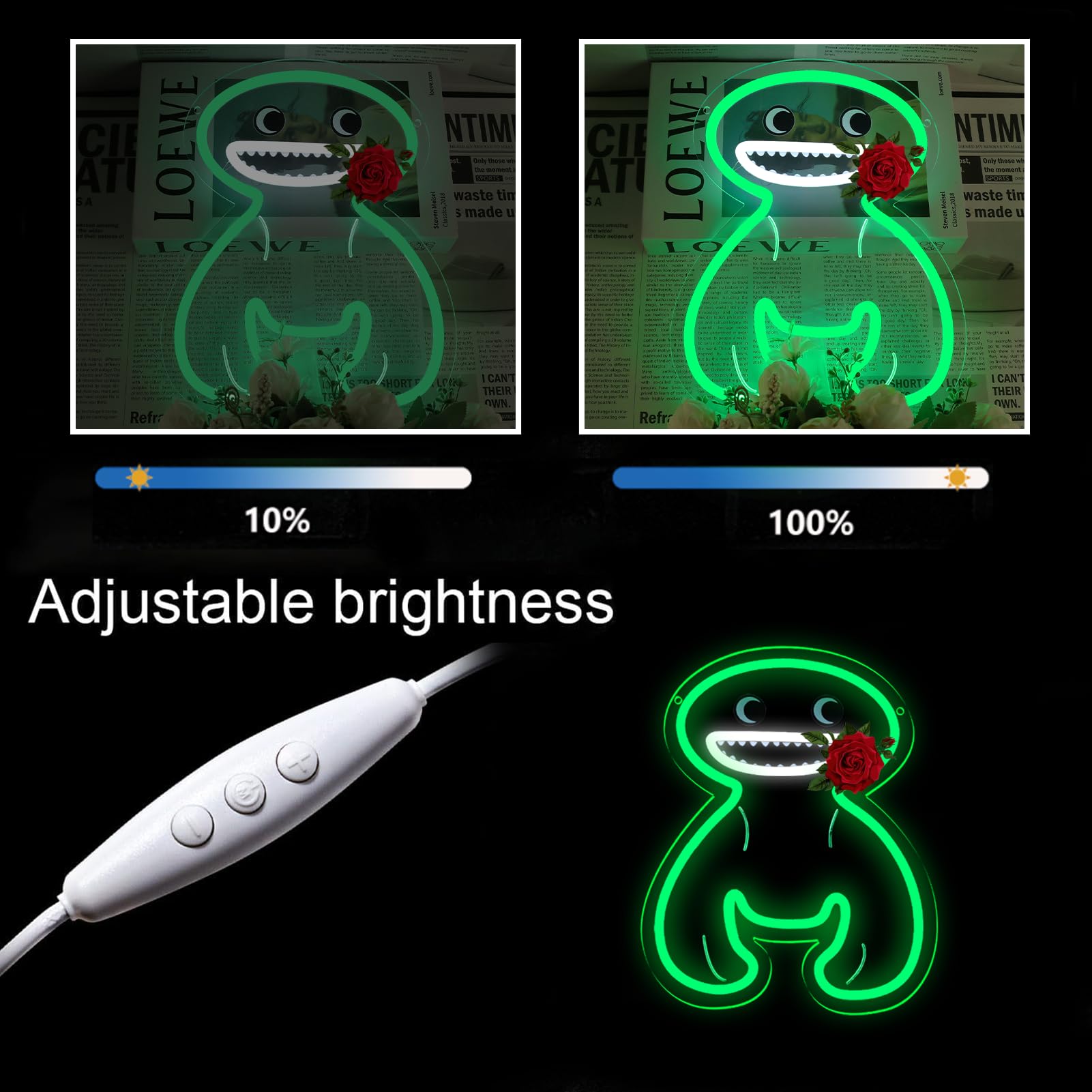 Letrero de neón de figura verde para decoración de pared, jardín, letrero con luz LED, luz de dibujos animados regulable para dormitorio de niños, sala de juegos, arte de pared, regalo de