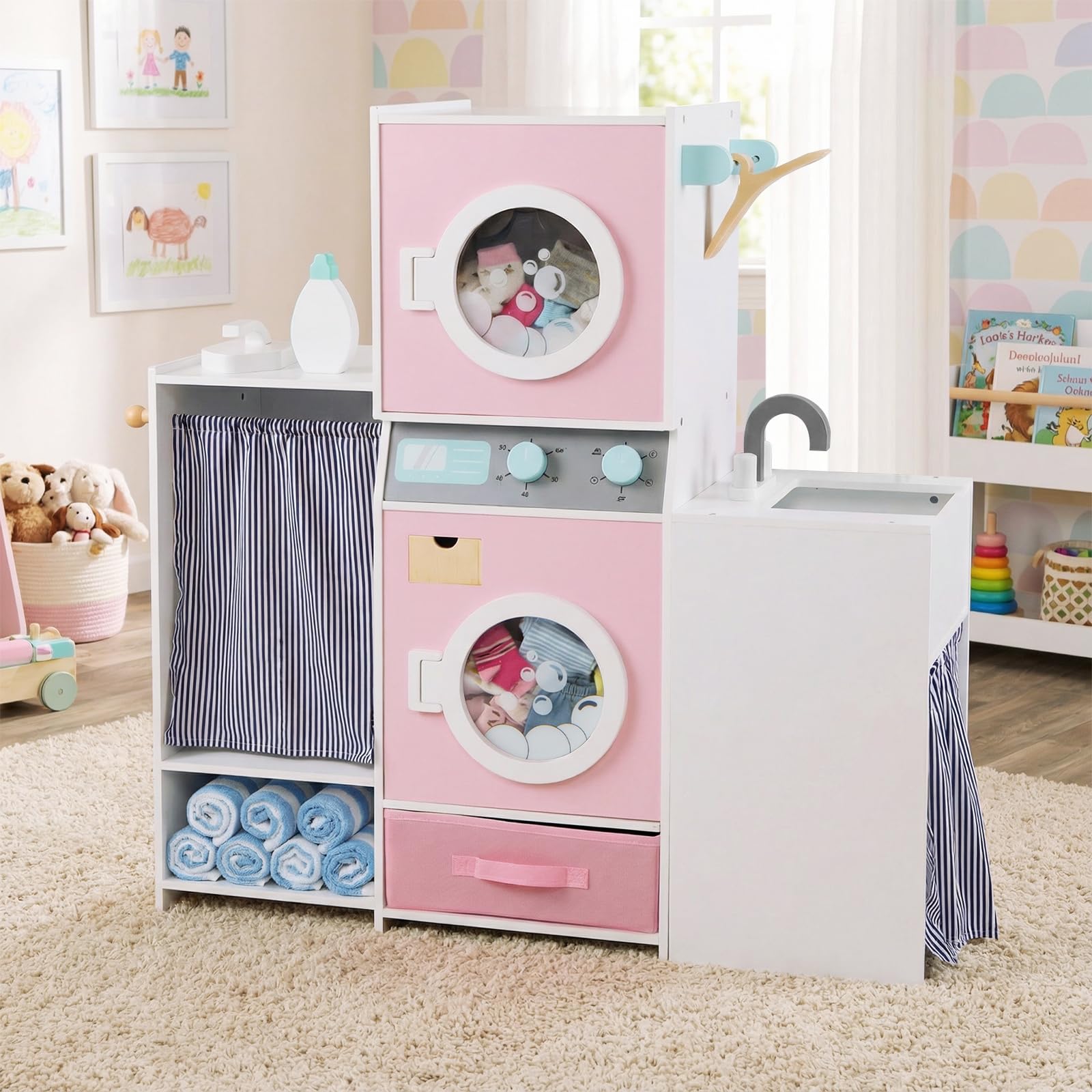 COSTWAY Kinder Waschmaschine Holz, Spielzeug Waschmaschine-Set mit Waschmittel, Bügeleisen, Kleiderbügeln & Stoffschublade, Wäsche-Set für Kinder ab 3 Jahren