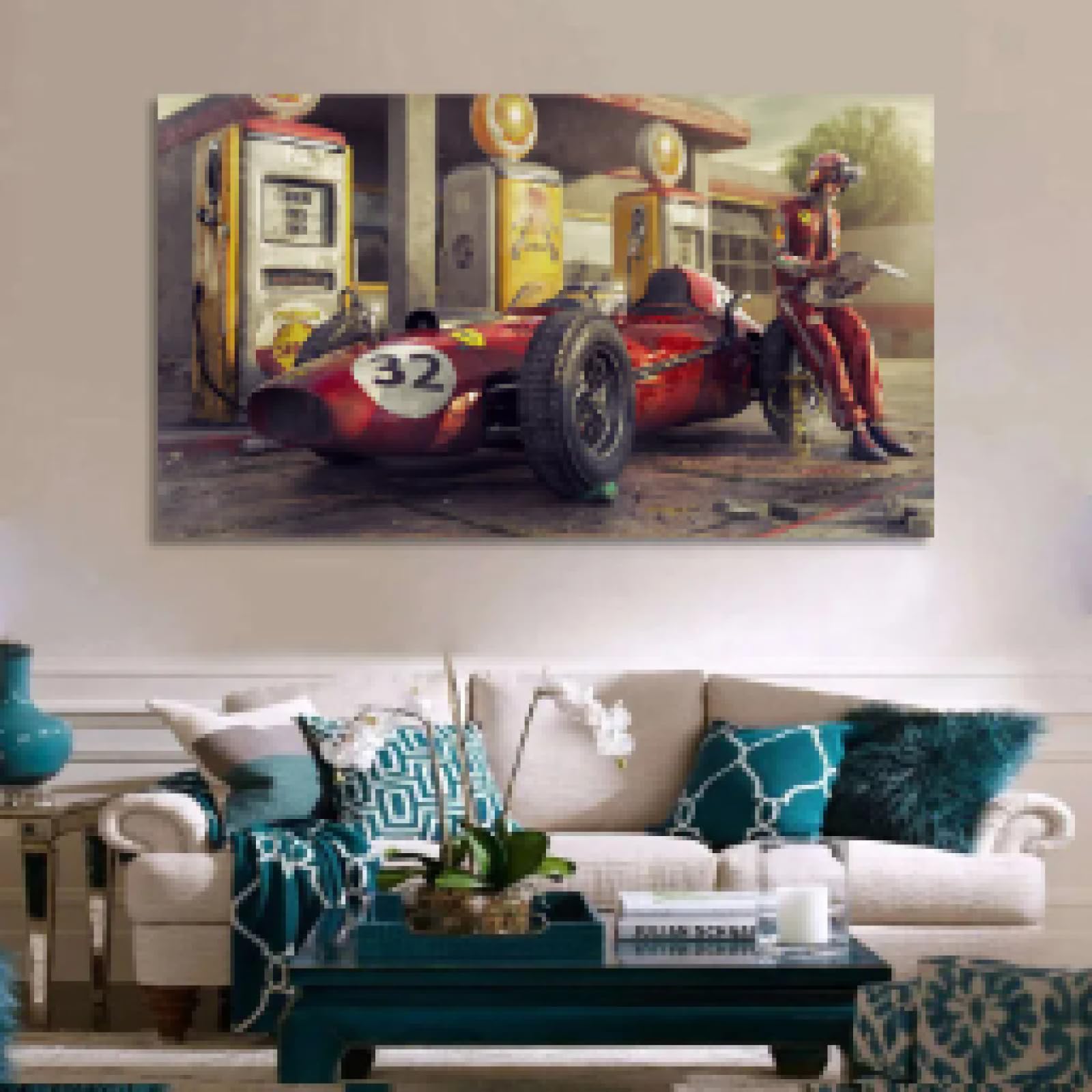 JACBON Stampa artistica da parete, poster di auto d'epoca, Ferrari, auto da corsa classica di F1, opera d'arte, dipinto su tela, pronto per essere appeso, 70x140 cm (28x55 pollici) Cornice interna