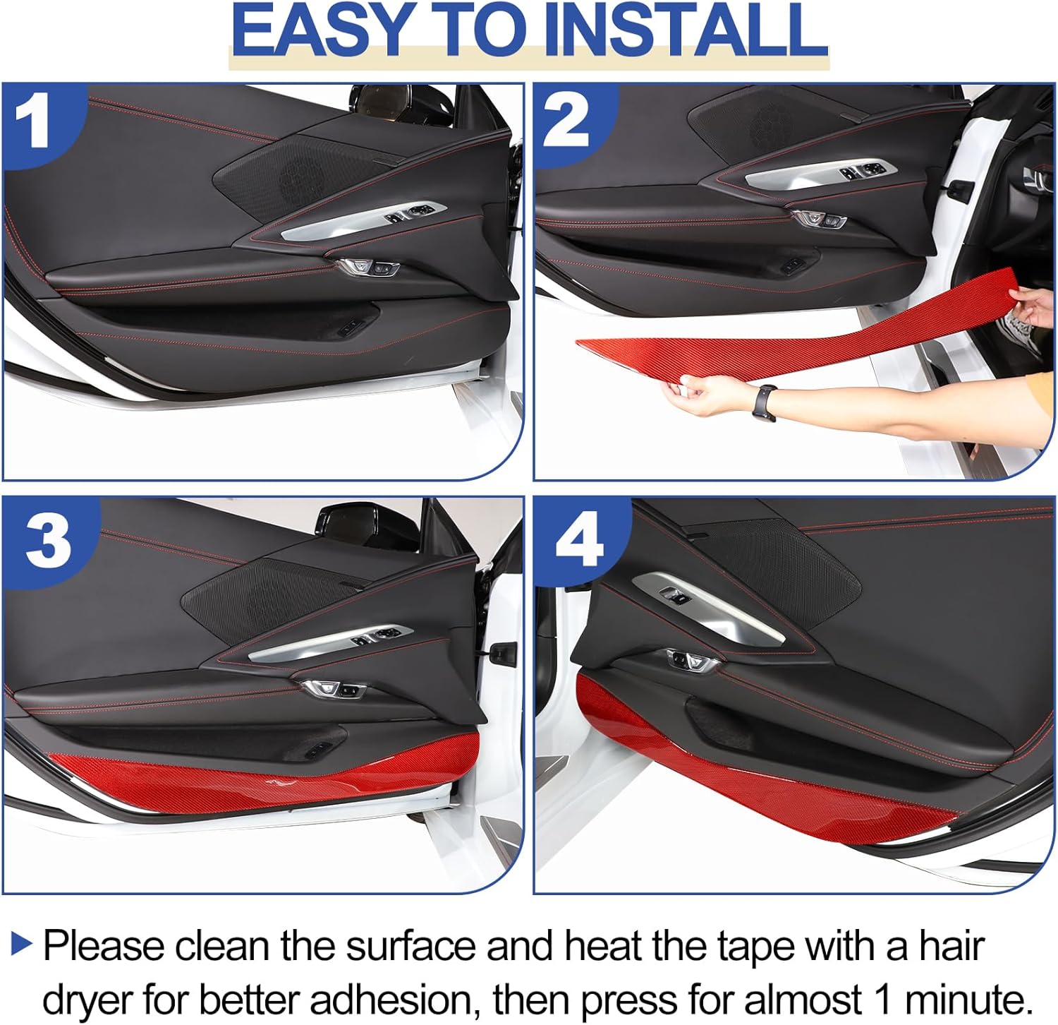 Daeiclru Real Carbon Fiber Car Door Anti Kick Pad Stickers Compatible with Chevrolet Corvette C8 Stingray 2020-2023, Inner Door Anti Kick Decorative Panel Protection Accessories (Red)