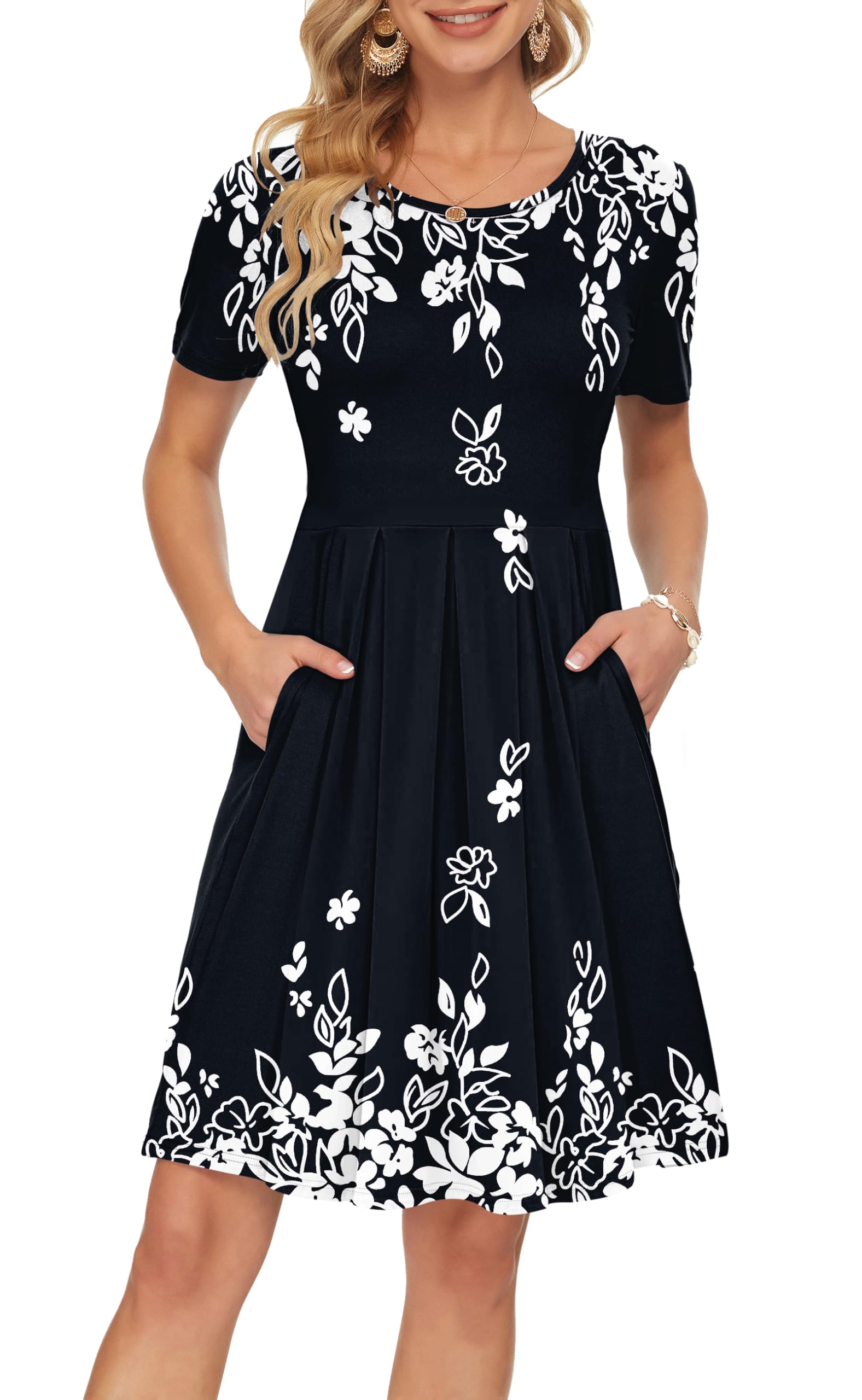 AUSELILY Women's Short Sleeve Pleated Swing Summer Dress with Pockets