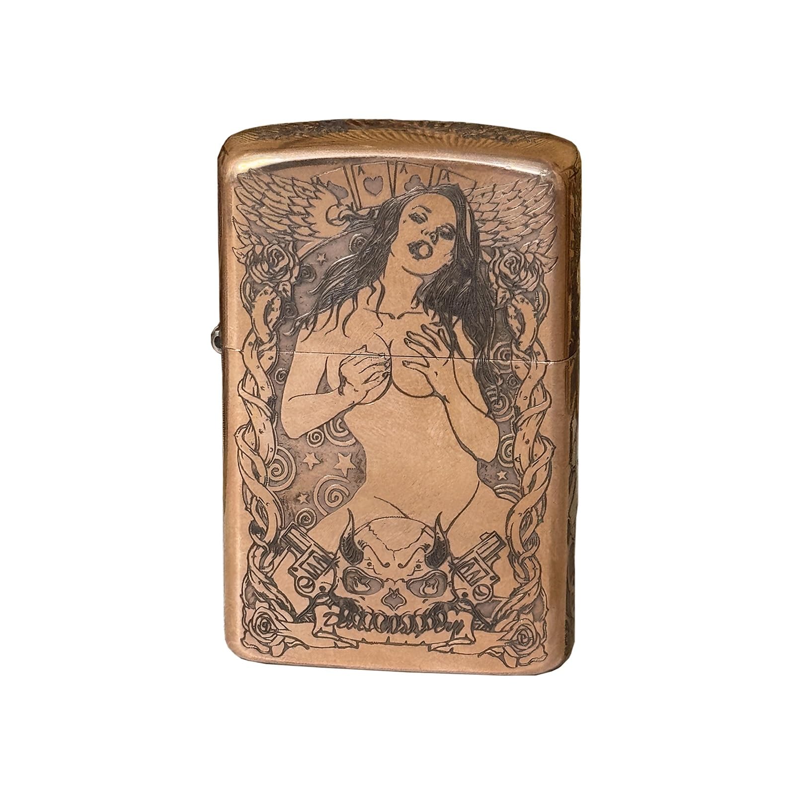Encendedor de queroseno tallado de latón resistente al viento, diseño de llama suave recargable, ideal para colección, decoración o regalo para hombre (combustible no incluido)