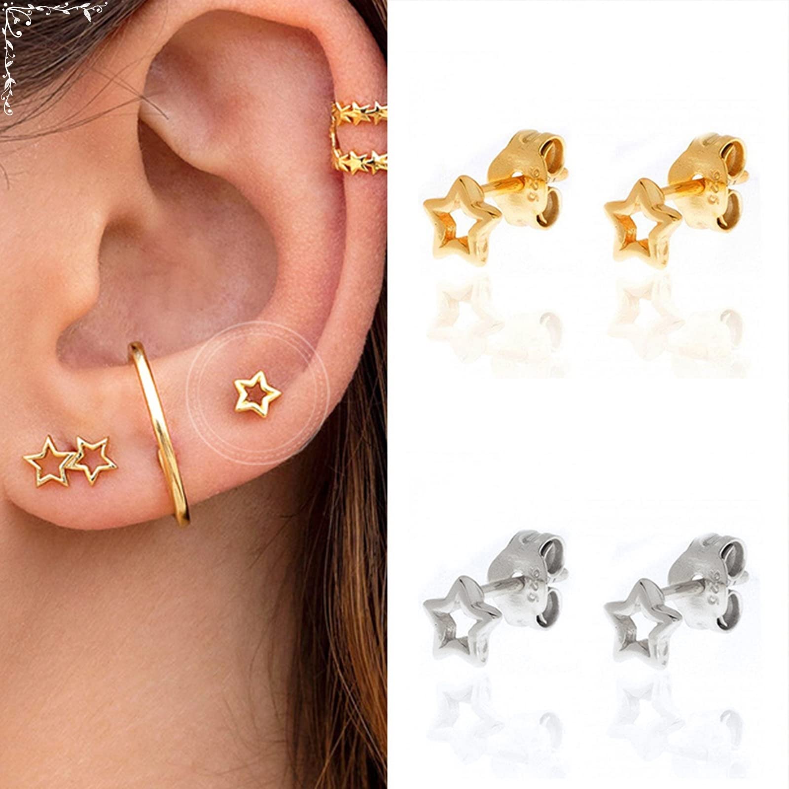 WZGWDC 925 Silber Ohrringe Vintage, Ohrstecker für Damen, polierter hohler Stern, hypoallergener Piercing-Schmuck