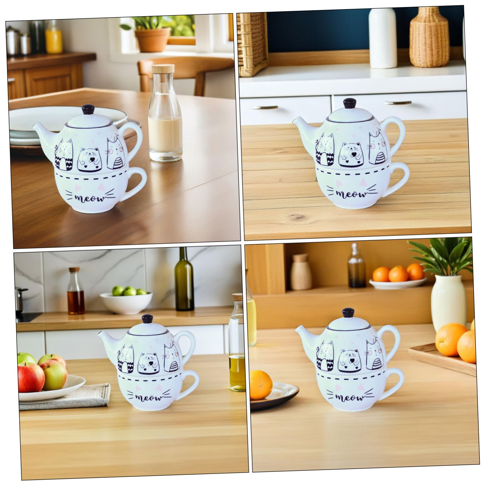 Service à Thé et Tasse en Céramique Motif Chat Blanc, 1 Set