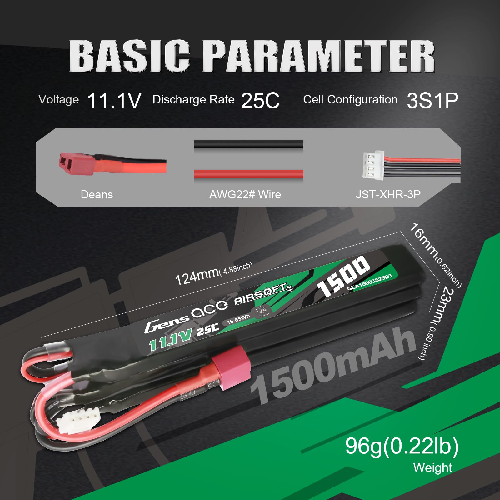 Gens Ace Batería LiPo 11,1 V 1500 mAh 25C 3S1P Batería Triple Dividida con Conector Deans (T-Deans), Compatible con Réplicas de Airsoft AEG