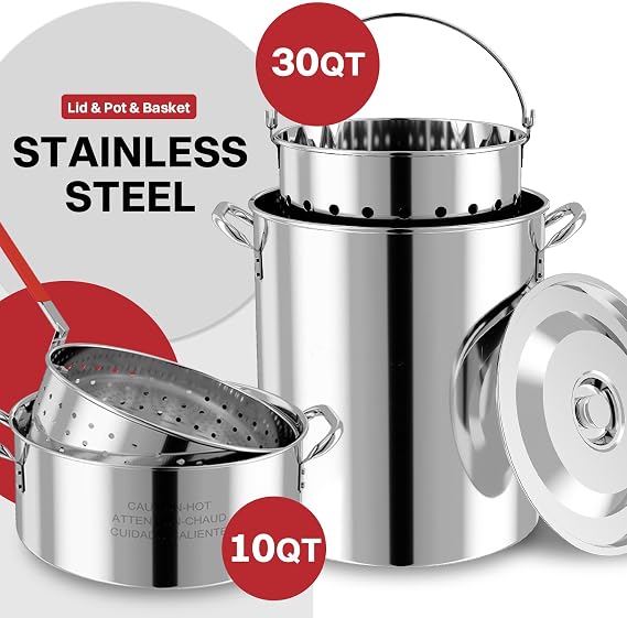 30QT Turkey & 10QT Fish Fryer Set | Stainless Steel | Outdoor Fryer | Cover & Skimmer Included | 50,000 BTU Propane Burner | Seafood Boil & Crawfish Boiler | Perfect for Holiday and Seasonal Cooking