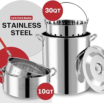 30QT Turkey & 10QT Fish Fryer Set | Stainless Steel | Outdoor Fryer | Cover & Skimmer Included | 50,000 BTU Propane Burner | Seafood Boil & Crawfish Boiler | Perfect for Holiday and Seasonal Cooking
