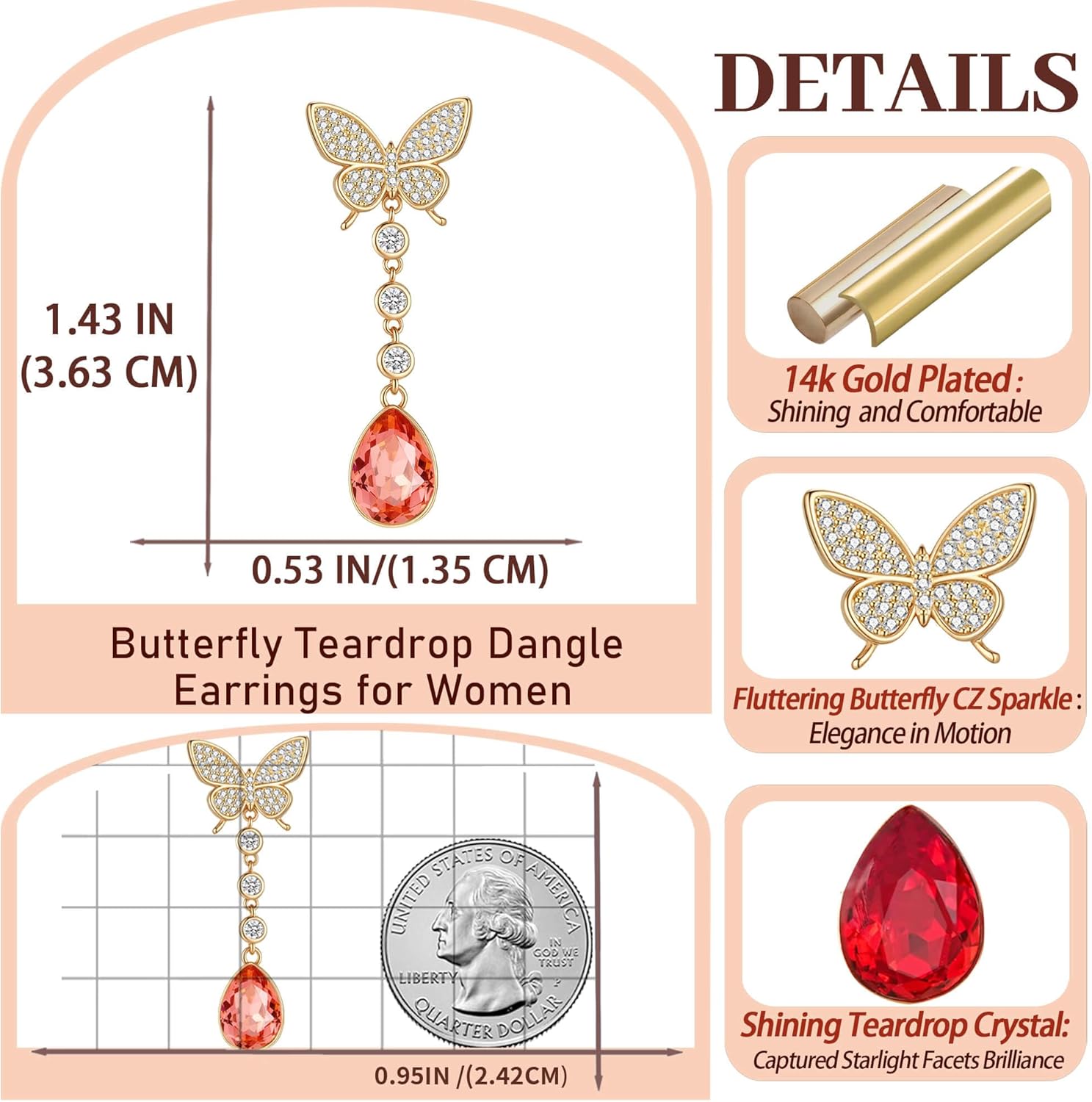 EVEVIC Austrian Crystal Teardrop Butterfly Dangle Stud Earrings for Women 14K Gold Plated Drop Earring Hypoallergenic Jewelry Gifts - Image 6