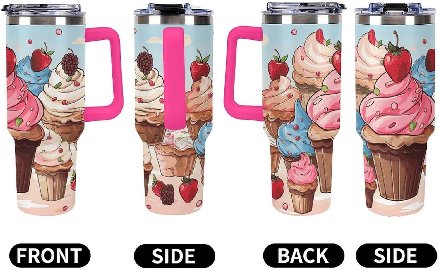 Cupcakes And Ice Cream Travel Coffee Mug Reusable Durable Stainless Steel Insulated Tumbler with Handle And Straw Leak Resistant Portable Thermal Cup Gifts for Men Women 40 Oz