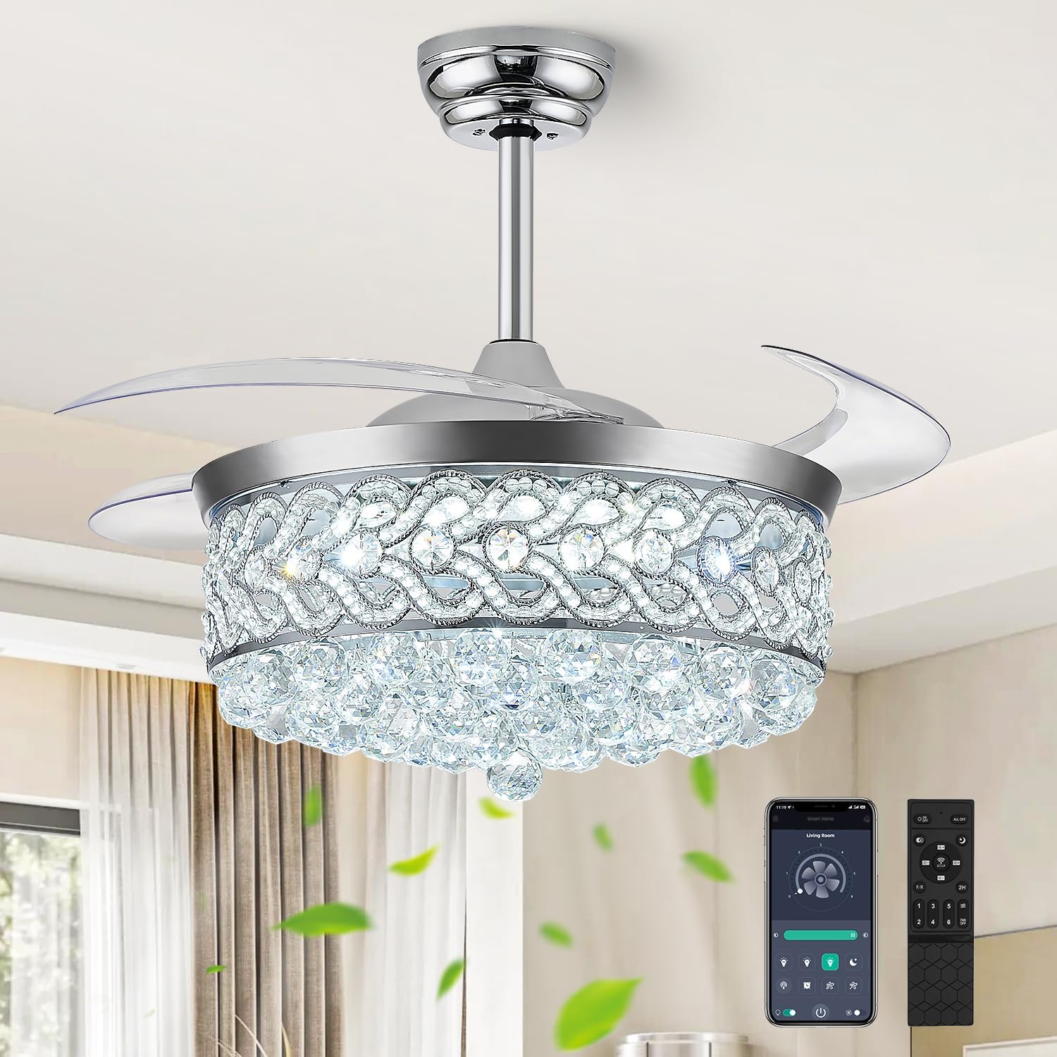 42" Fandelier Ceiling Fan with Light, Crystal Chandelier Fan Retractable Ceiling Fan with Lights and Remote, Quiet DC Motor, Dimmable LED Fandaliers Ceiling Fan for Bedroom Living Dinning Room