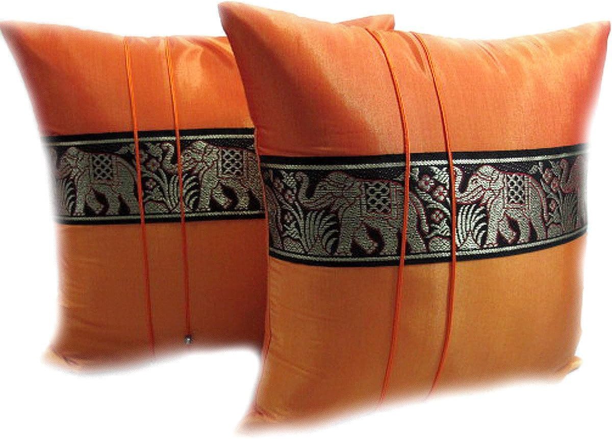 Papaya Shop DOUBLE 2 BEAUTIFUL BIG ELEPHANT THROW CUSHION COVER/PILLOW CASE HANDMADE BY THAI SILK AND COTTON FOR DECORATIVE SOFA, CAR AND LIVING ROOM SIZE 16 X 16 INCHES (ORANGE AND ORANGE)