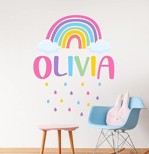 Decalzone - Calcomanía de pared con nombre personalizado, multicolor con nombre, diseño de gotas de lluvia coloridas, decoración de arco iris (36
