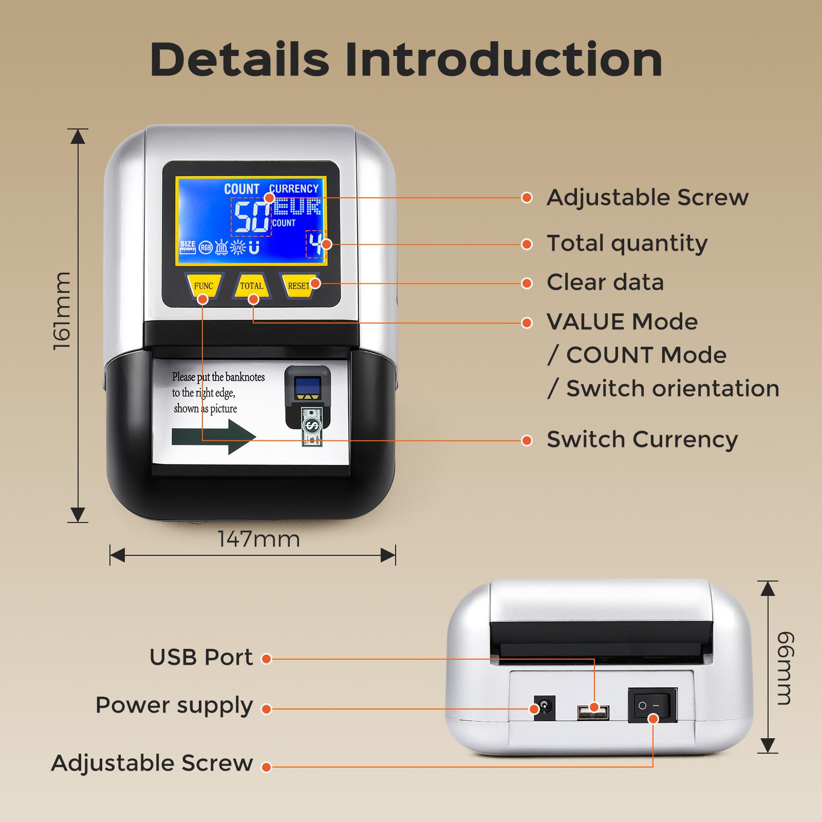 Bonvoisin Verificatore di Banconote, Rilevatore Falsi con UV/IR/MG, Portatile Testare con Funzione Valore Totale, Batteria Ricaricabile, 4 Orientamenti, Compatibile EUR/USD/GBP Ecc., Schermo LCD (A)