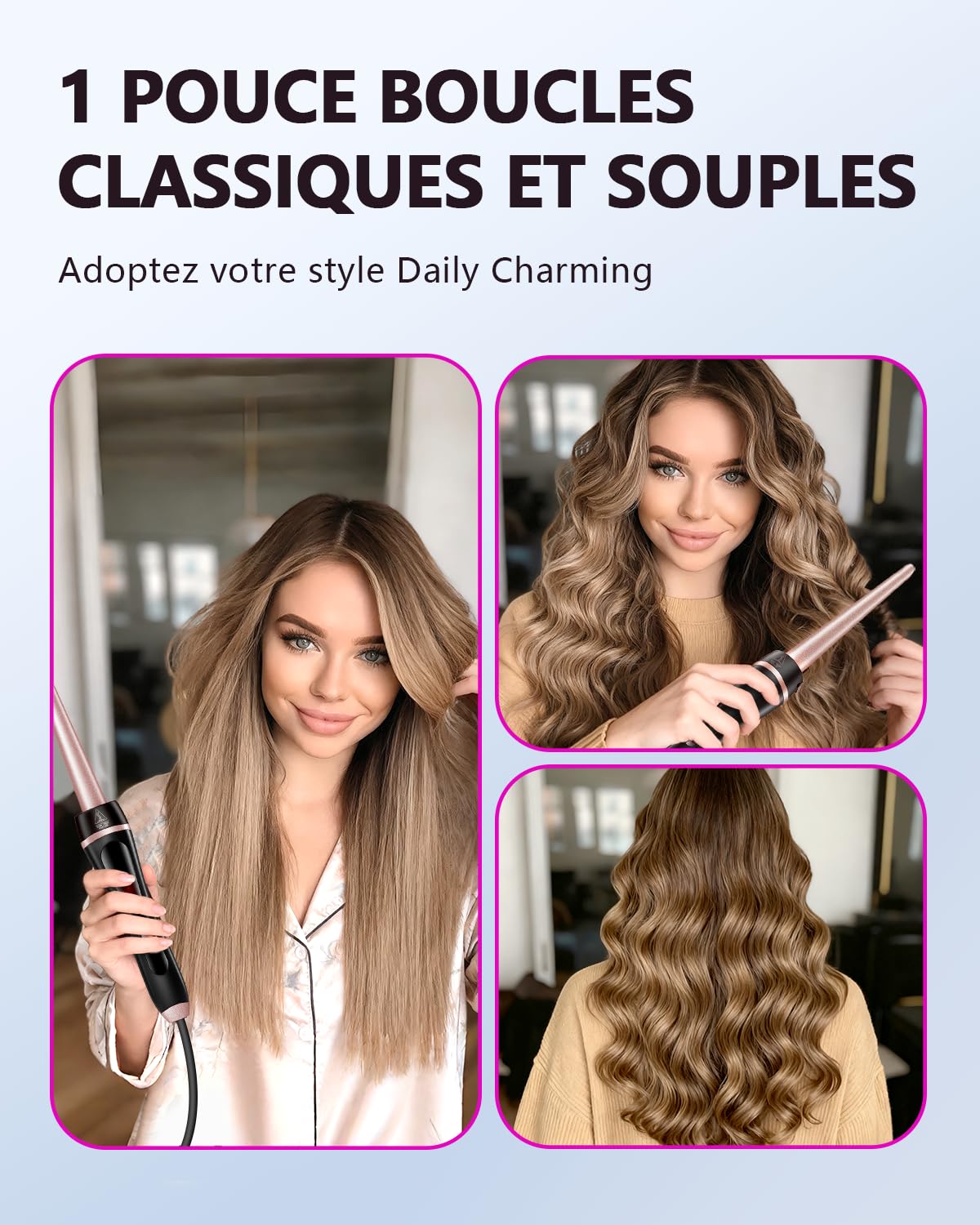 Fer à Boucler 5 en 1, Set de Fer à Boucler avec Brosse Thermique, Lisseur, Barils Céramiques Interchangeables (0,35"-1,25") Chauffage Instantané pour Ondulations Double Tension, Cadeaux pour Femmes